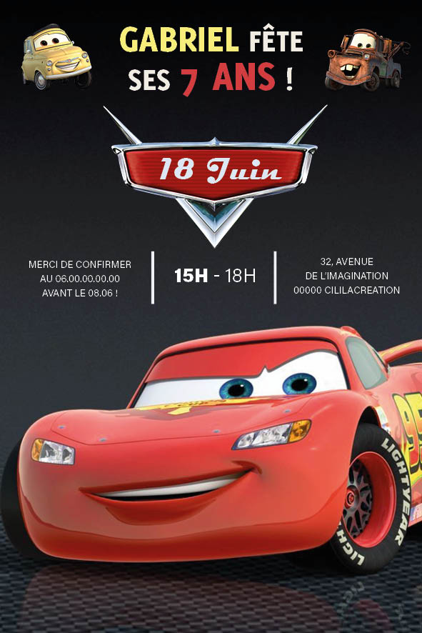Image de l'invitation anniversaire personnalisée inspirée de Cars avec Flash McQueen, Martin et Luigi, sur un fond noir et logo de course rouge.