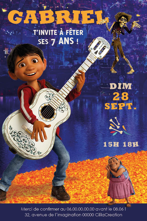 Image de l'invitation anniversaire inspirée de Coco avec Miguel jouant de la guitare, fond coloré du Mexique et ambiance festive du Día de los Muertos.