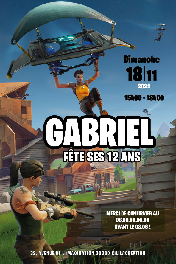 Invitation d’anniversaire inspiration Fortnite : scène battle royale avec joueur au planeur et équipier au sniper dans un village ; grand texte “Gabriel fête ses 12 ans”, date, horaires, adresse et RSVP.