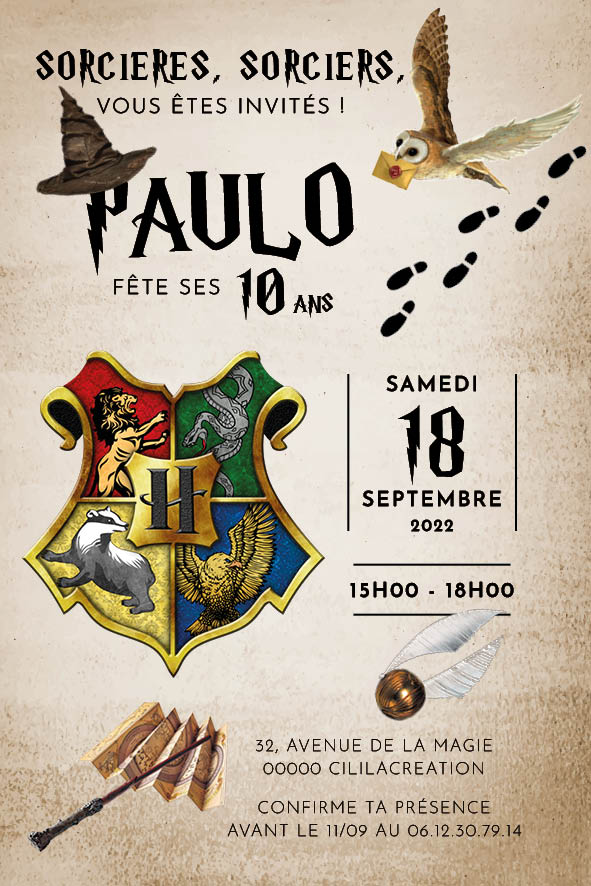 Invitation d’anniversaire L’école des sorciers : blason à quatre maisons, chapeau de tri, hibou facteur avec lettre, empreintes et vif d’or ; texte “Paulo fête ses 10 ans”, date, horaires, adresse et RSVP.