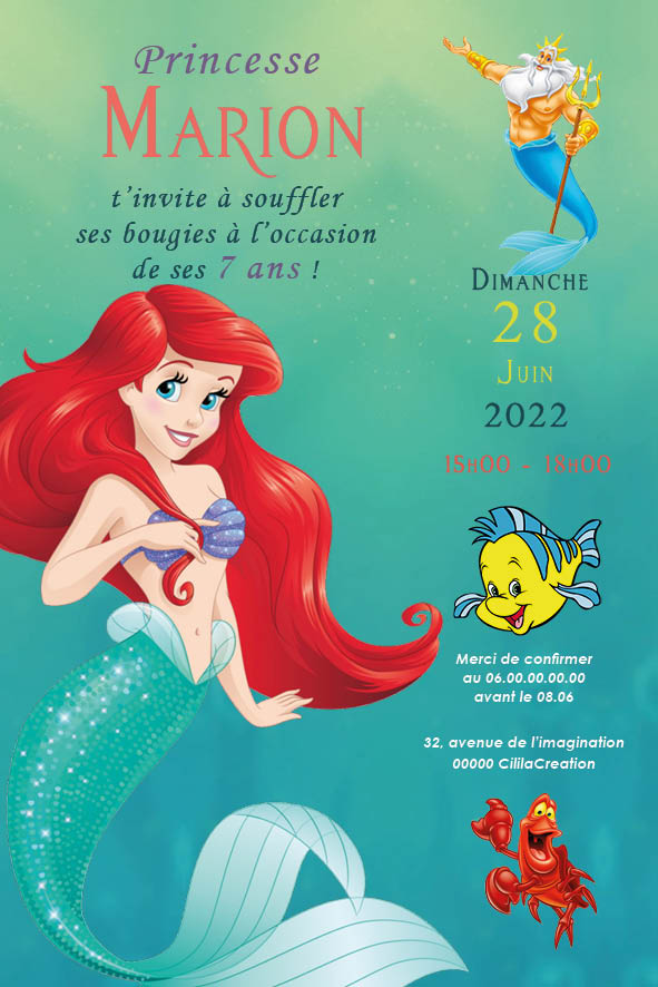 Invitation d’anniversaire inspiration La Petite Sirène / Ariel : sirène rousse en queue turquoise, fond marin pailleté, amis poissons et crustacé ; blocs date/heure/adresse, texte “Princesse Marion fête ses 7 ans”.