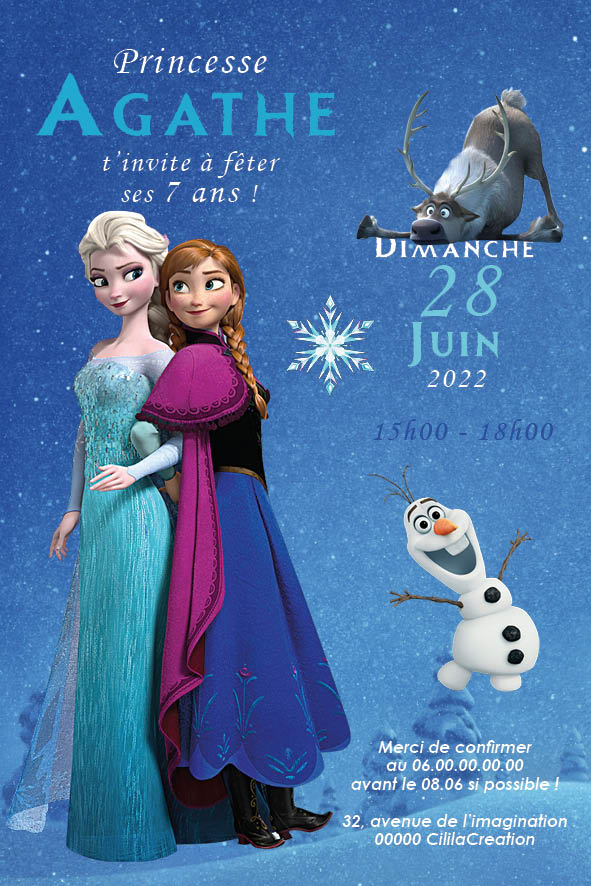 Invitation d’anniversaire inspiration Reine des Neiges : deux princesses dos à dos sur fond bleu étoilé, un renne au second plan et un bonhomme de neige joyeux ; grands blocs “Dimanche 28 juin 2022 – 15 h–18 h”, prénom, âge, adresse et RSVP.