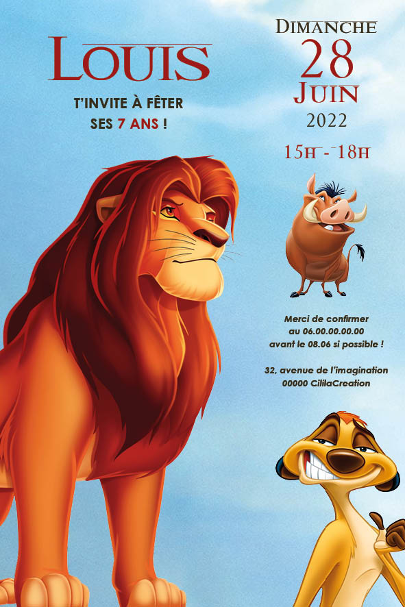 Image de l'Invitation anniversaire Simba inspirée du Roi Lion, avec lion majestueux, Pumbaa le phacochère et Timon le suricate, décor savane africaine.