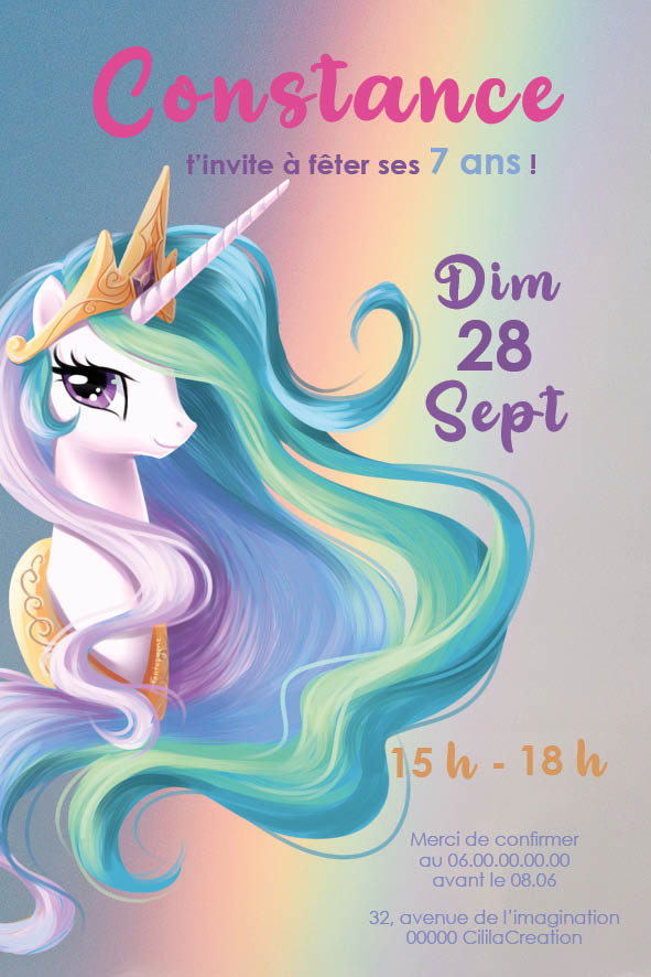 Image de l'invitation anniversaire personnalisée thème licorne arc-en-ciel, illustration pastel féerique avec licorne majestueuse et fond multicolore magique.