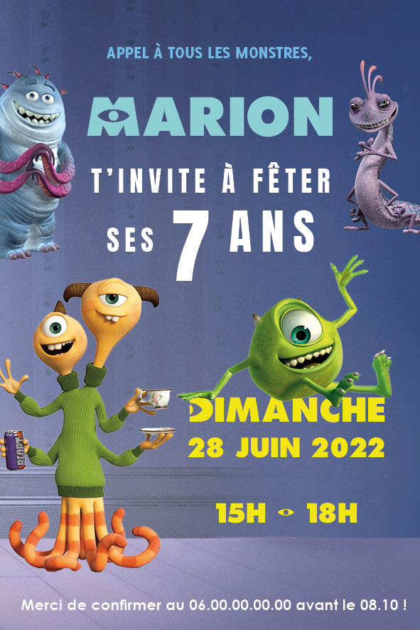 Invitation d’anniversaire inspiration Monstres & Cie : différents monstres colorés sur fond bleu, grand texte “Marion t’invite à fêter ses 7 ans”, blocs date “Dimanche 28 juin 2022” et horaire “15 h – 18 h”, adresse et RSVP.