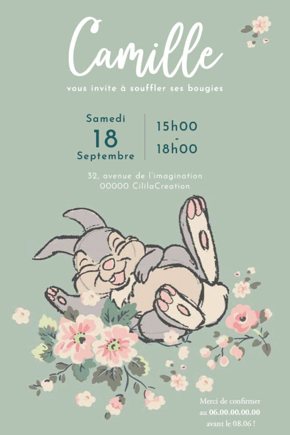 Invitation d’anniversaire vert sauge avec un lapin qui rit allongé, fleurs rétro pastel — texte personnalisable (date, heure, lieu, RSVP).