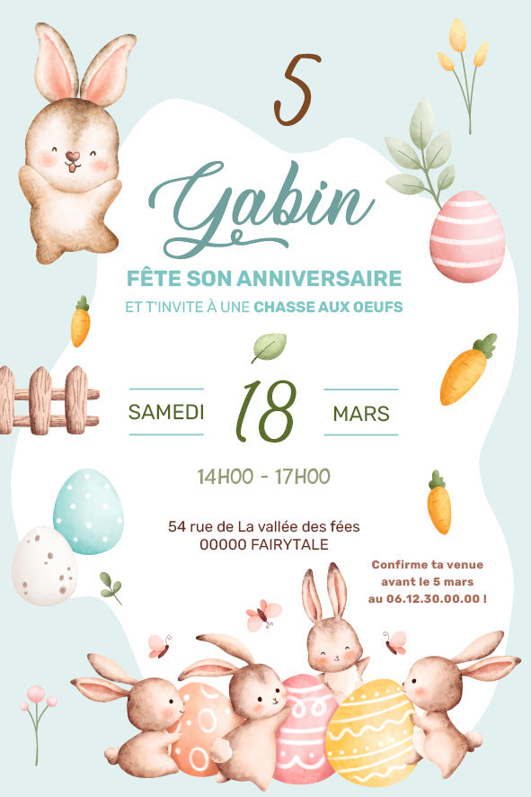 image de l'invitation anniversaire chocolatée bleue – carte personnalisée sur le thème de Pâques avec lapins, œufs colorés et chocolat gourmand.