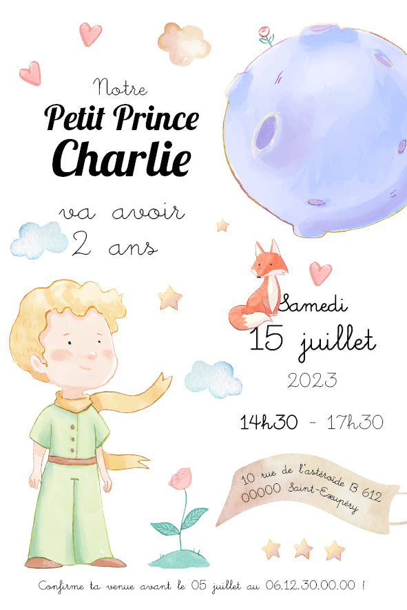 image du recto de  l'invitation anniversaire personnalisée Le Petit Prince, recto-verso, avec illustrations enfantines du Petit Prince, renard, planète, étoiles et nuages.