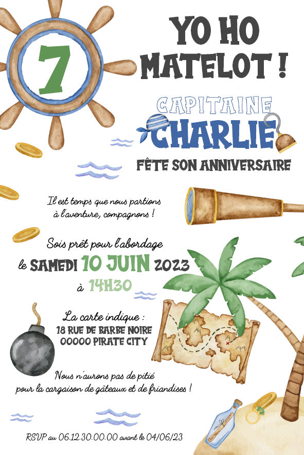 Invitation thème pirates en aquarelle : gouvernail avec chiffre 7, pièces d’or, longue-vue, bombe à mèche, carte au trésor près d’un palmier, vagues et bouteille à la mer.