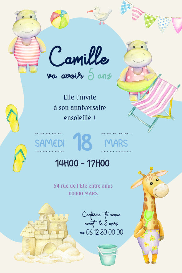 image de l'invitation d’anniversaire personnalisée sur le thème de la plage avec animaux rigolos, châteaux de sable, ballons colorés et décor estival ensoleillé