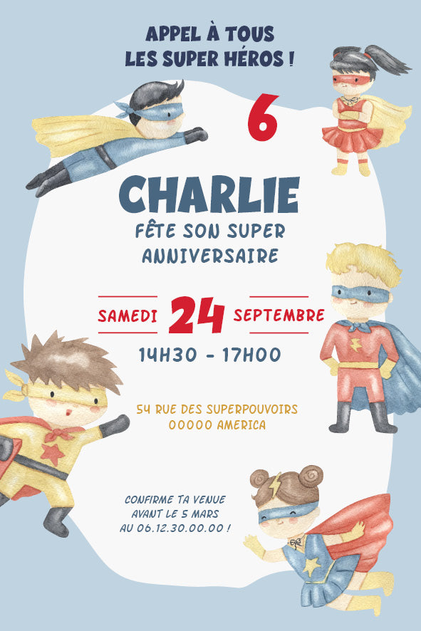 Invitation numérique “Appel aux Héros” au style comics : enfants en costumes avec masques et capes, éclairs et bulles “Pow!”. Texte central personnalisable : annonce d’anniversaire avec date, heure, lieu et RSVP.