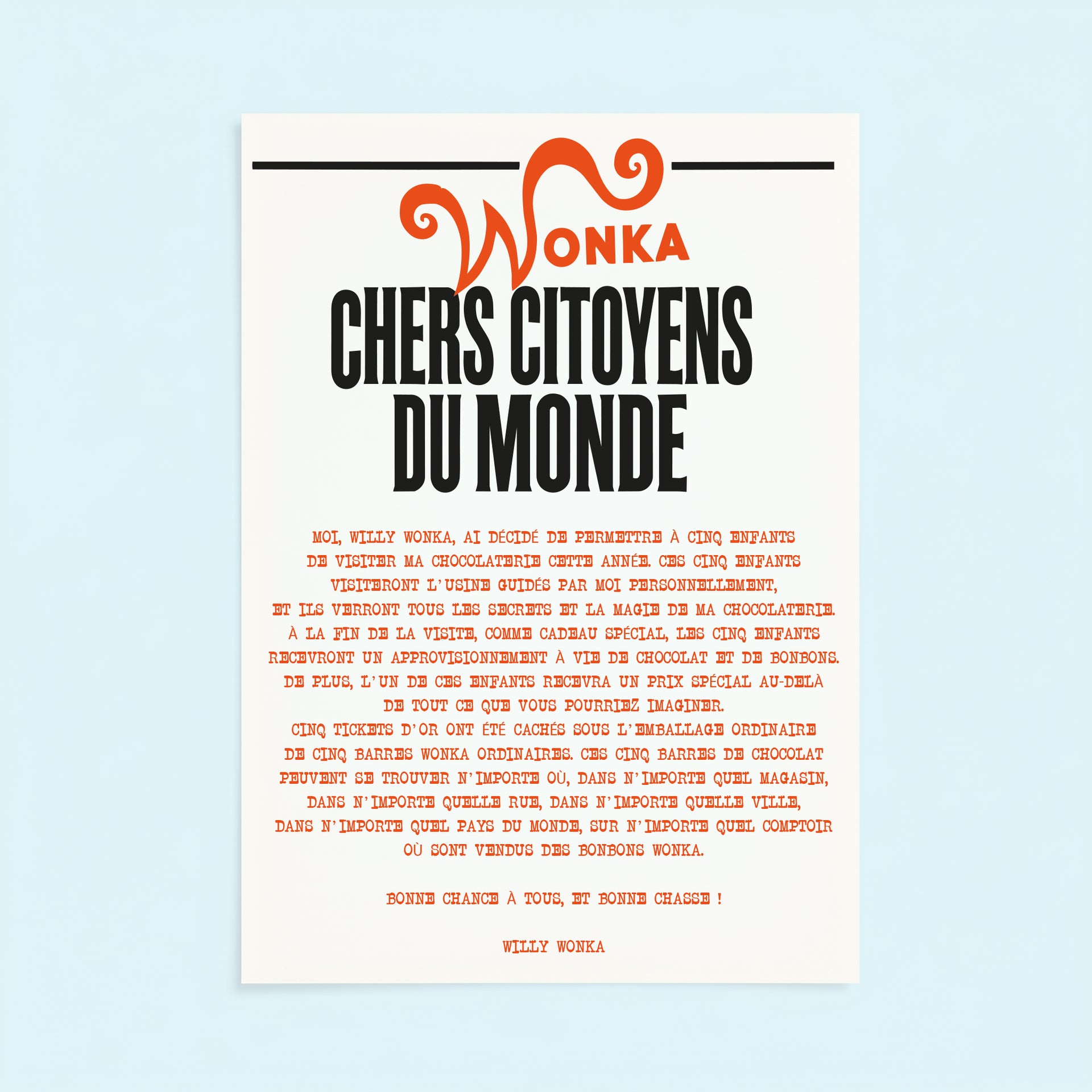 Poster de l'annonce officielle du Ticket d'Or de Willy Wonka en français, format A3, sur fond uni bleu ciel lumineux.