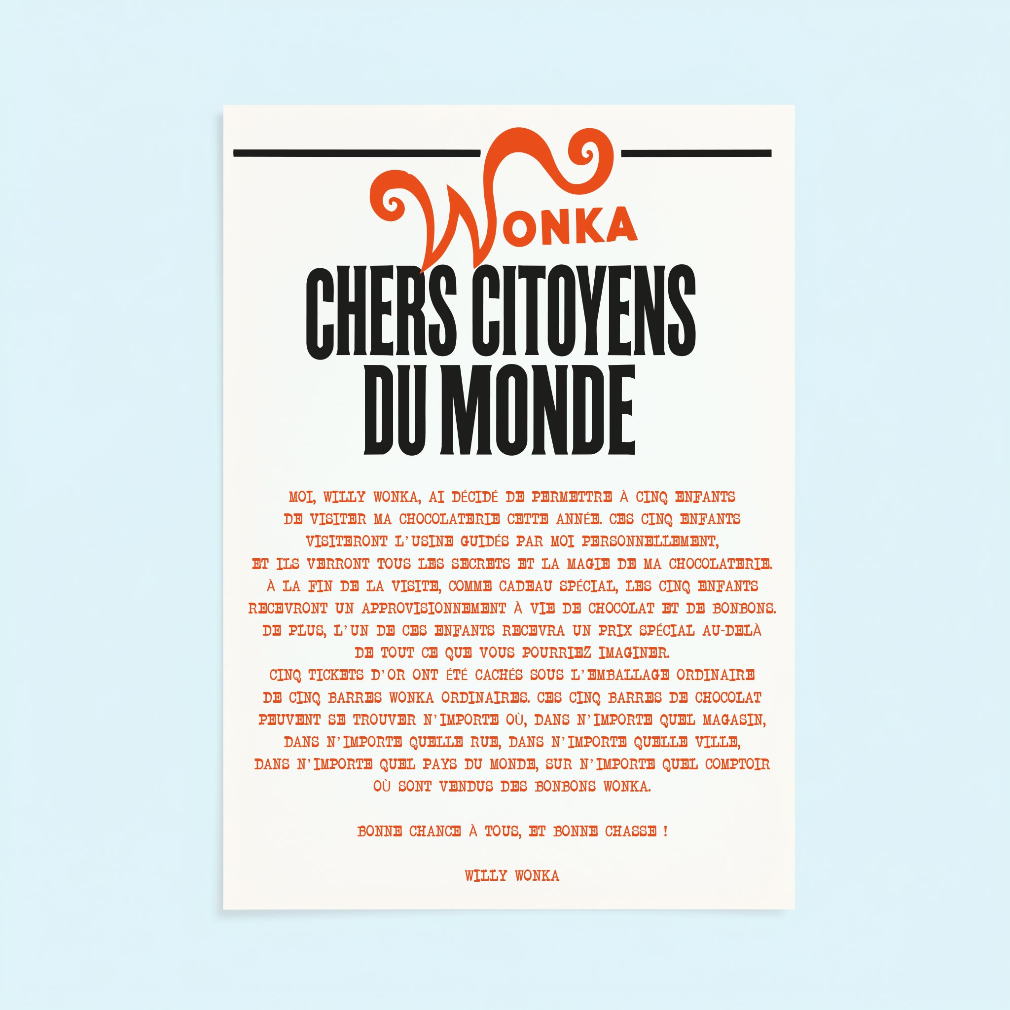 Poster de l'annonce officielle du Ticket d'Or de Willy Wonka en français, format A3, sur fond uni bleu ciel lumineux.