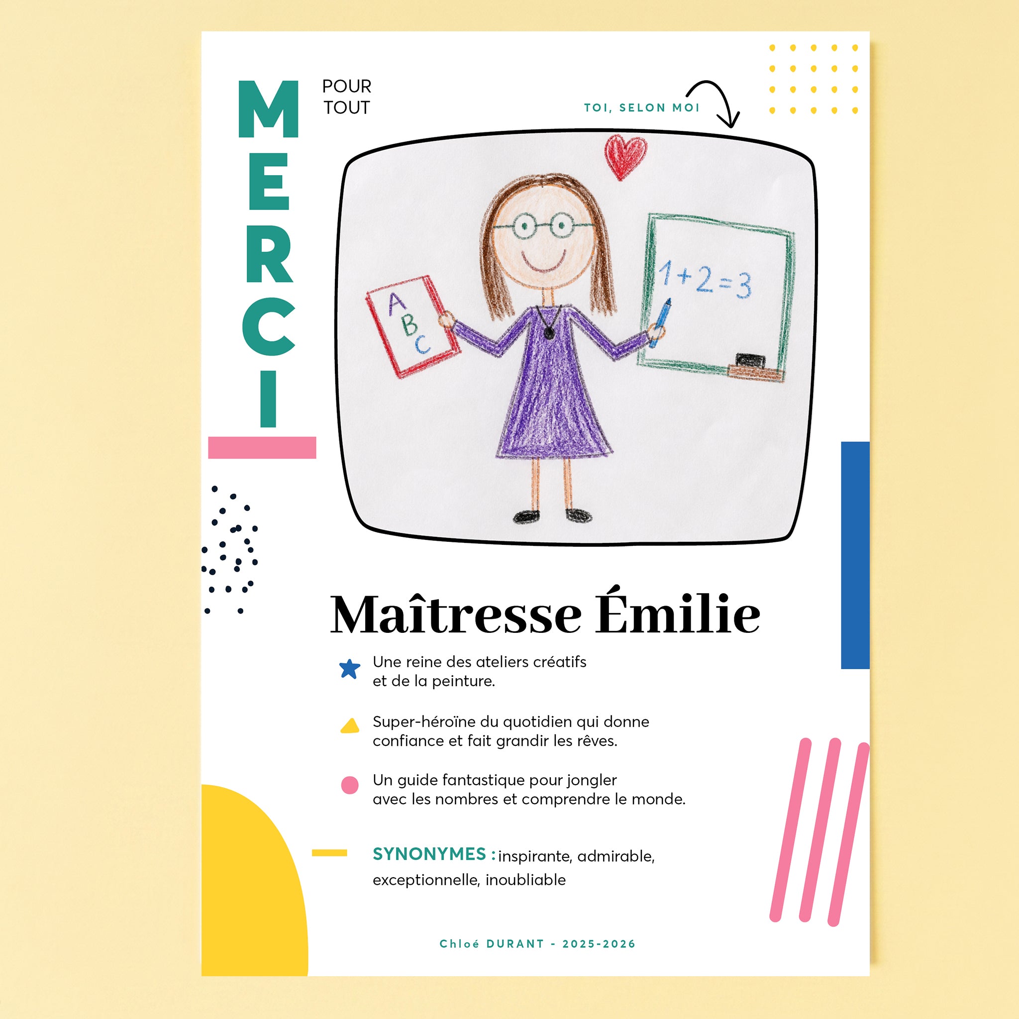 Affiche personnalisée numérique Le Dico Illustré des Héros pour cadeau maîtresse, avec dessin d'enfant intégré et définitions sur mesure, présentée à plat sur un fond jaune pastel lumineux.