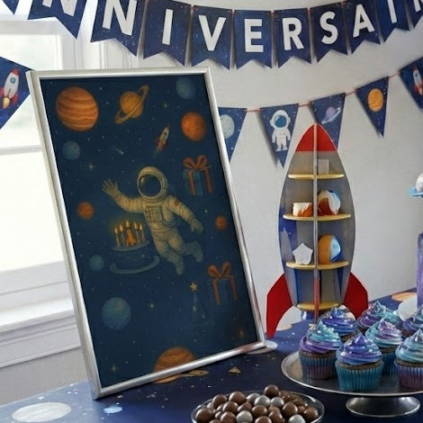 Affiche anniversaire cosmonaute avec astronaute dans l’espace, planètes, gâteau d’anniversaire galactique et décoration thème espace à imprimer.