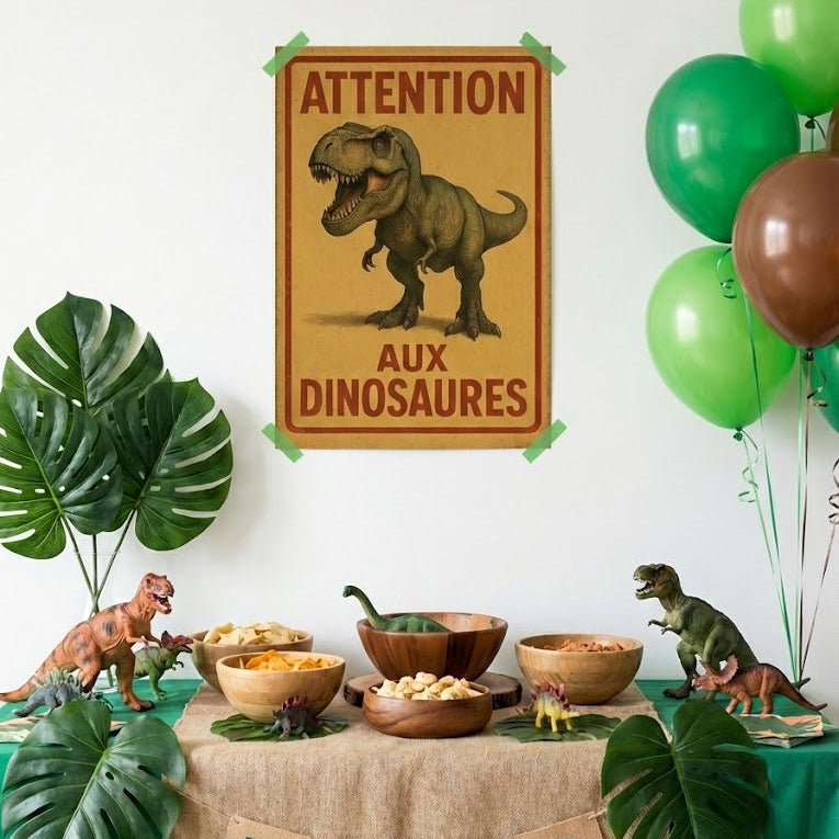 Affiche Attention aux dinosaure accrochée au mur au dessus d'un buffet d'anniversaire sur le thème des dinosaures.