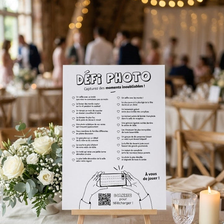Affiche A4 blanche de jeu de mariage intitulée 'DÉFI PHOTO' posée sur un petit chevalet en bois. Elle est installée sur une table de réception élégante décorée d'un bouquet de roses blanches, d'une bougie allumée. En arrière-plan, on devine l'ambiance chaleureuse d'une salle de réception de mariage floutée.
