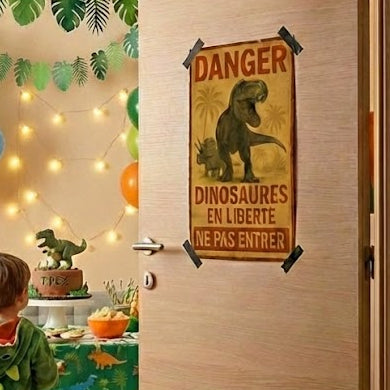 Affiche "dinosaures en liberté, ne pas entrer" accrochée sur la porte donnant sur une fête d'anniversaire sur le thème des dinosaures.