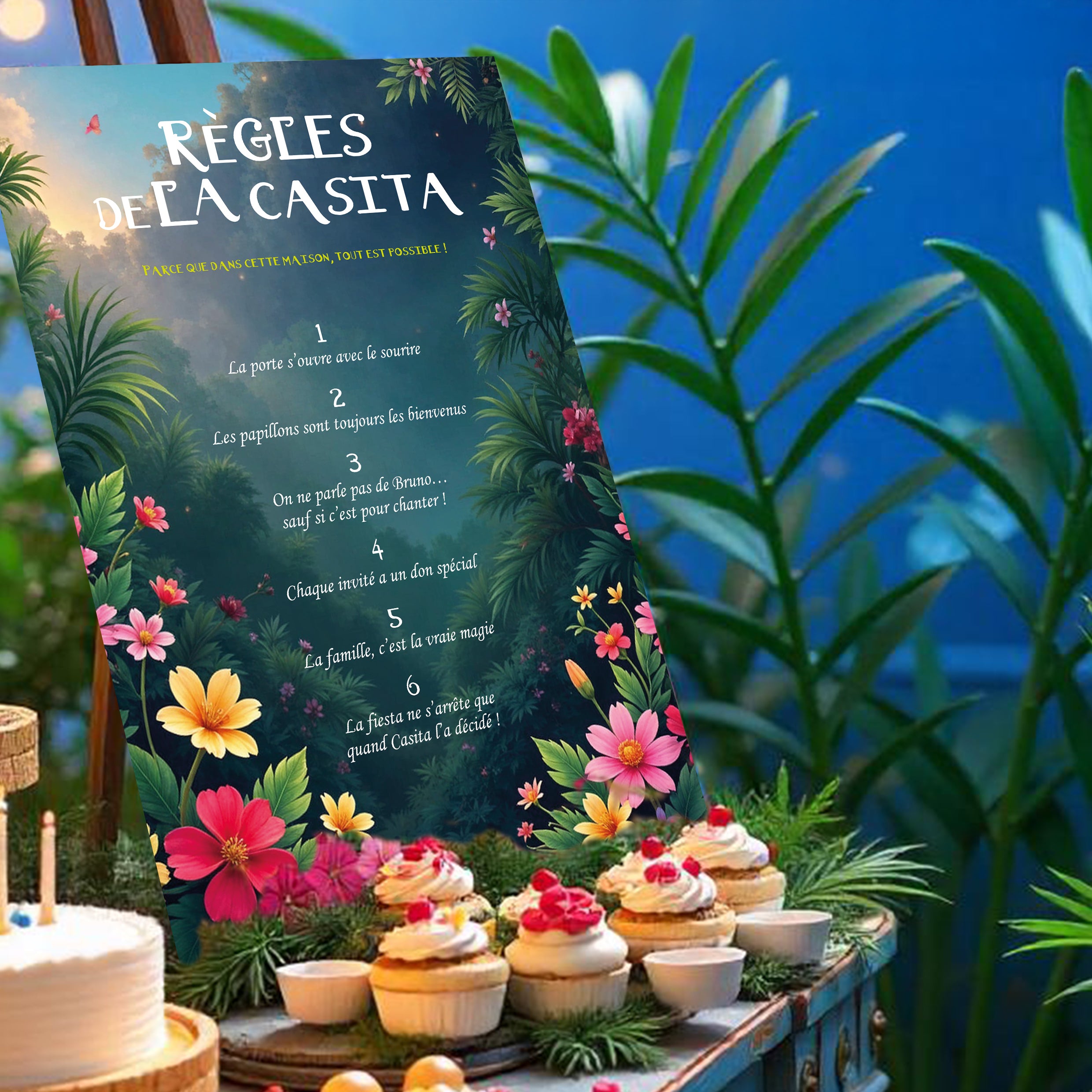 Affiche Règles de la casita Encanto sur un chevalet. Table d'anniversaire Encanto avec des cupcake fleuris et des grosse feuilles.