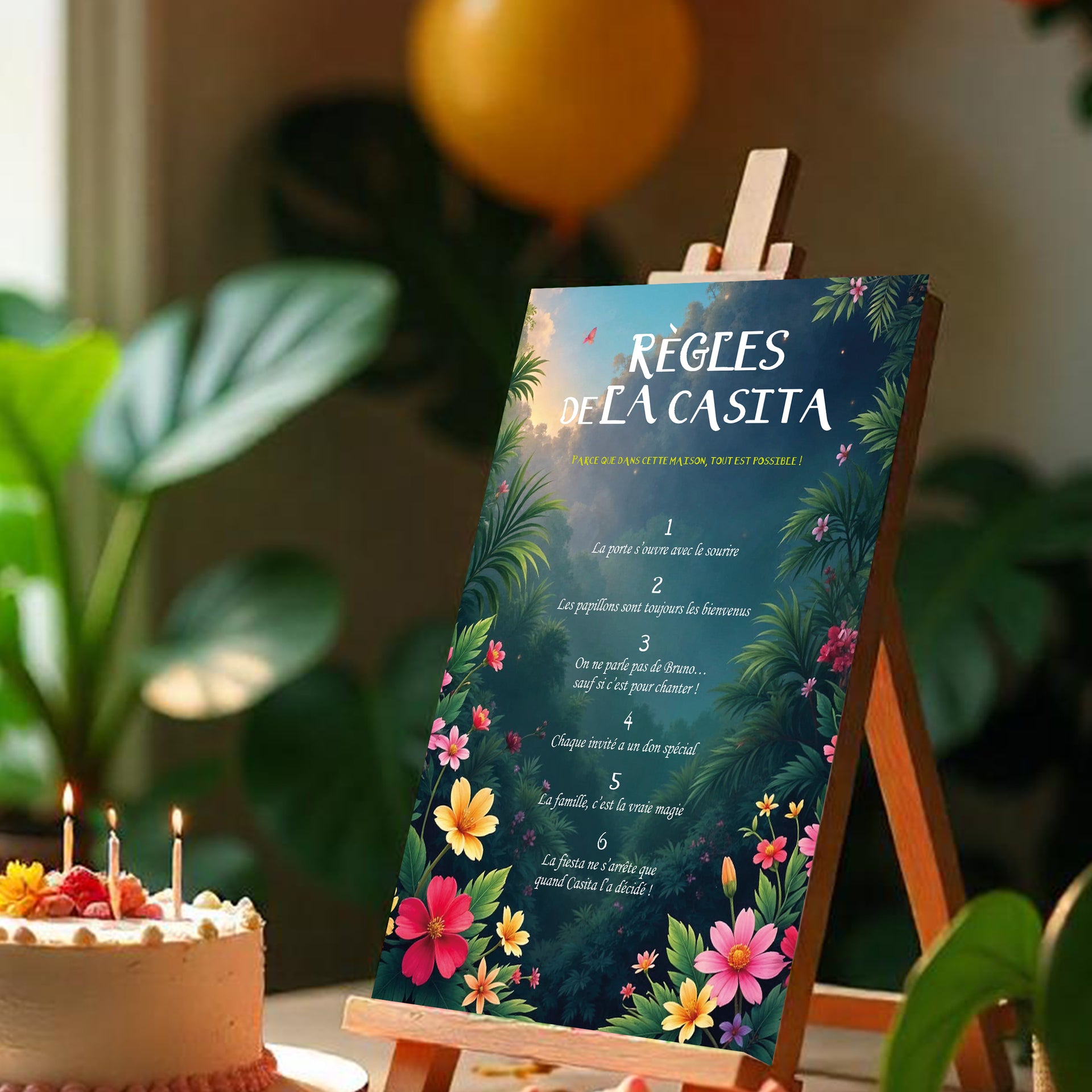 Affiche Règles de la casita Encanto sur un chevalet. Table d'anniversaire Encanto.