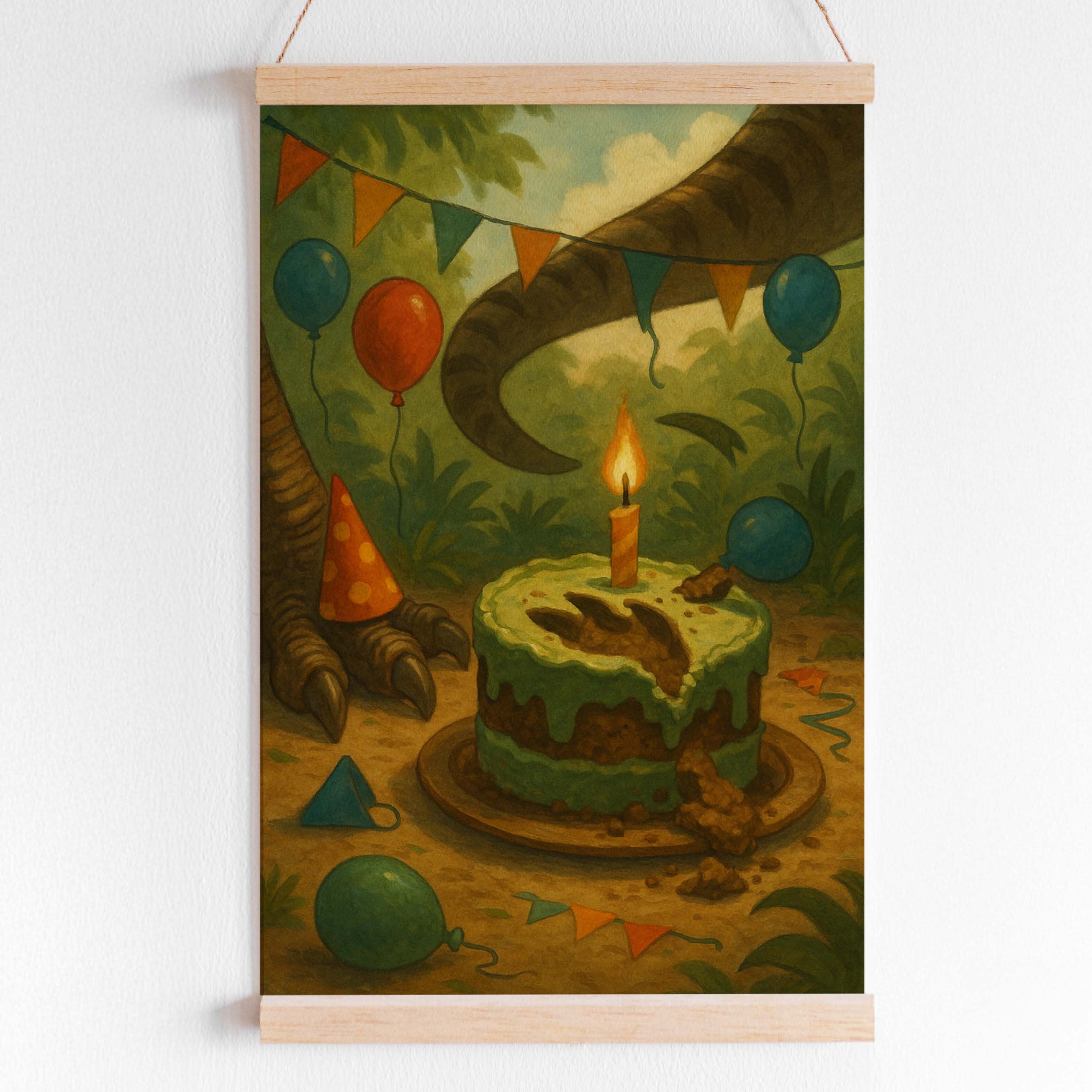 Affiche anniversaire dinosaures avec gâteau dans la jungle, décoration fête enfant thème dinosaure à imprimer