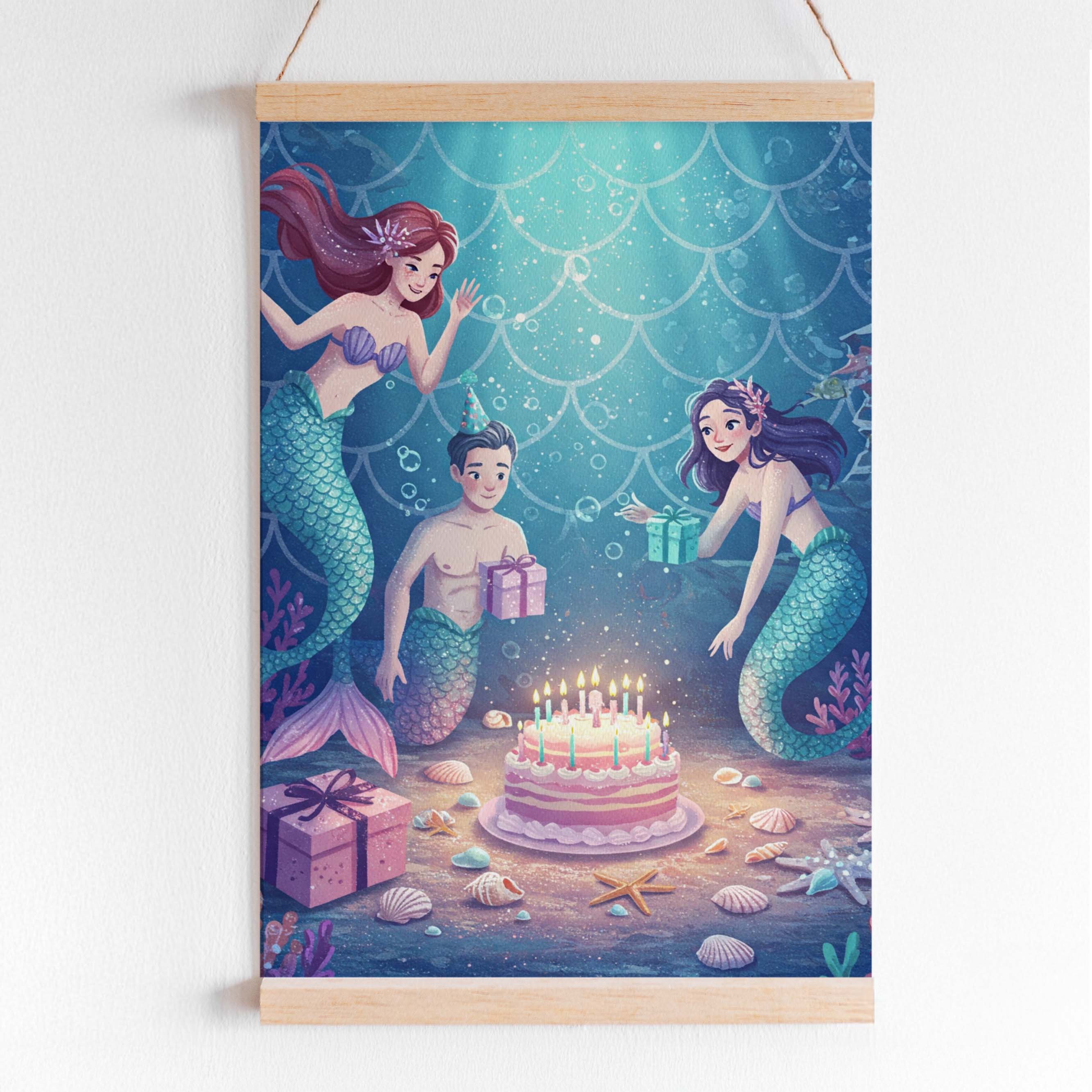 Affiche anniversaire sirènes avec décoration sous-marine, sirènes autour d’un gâteau, thème océan et fête d’anniversaire à imprimer.