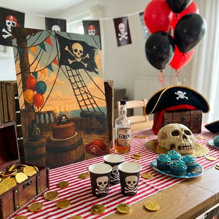 Affiche anniversaire pirate en mer avec navire pirate, pavillon tête de mort, gâteau d’anniversaire et décoration pirate immersive à imprimer