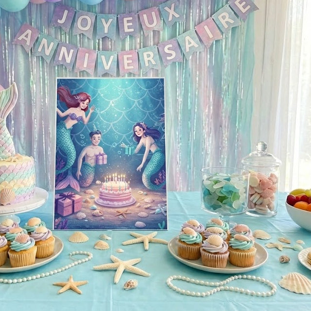 Affiche anniversaire sirènes avec décoration sous-marine, sirènes autour d’un gâteau, thème océan et fête d’anniversaire à imprimer.