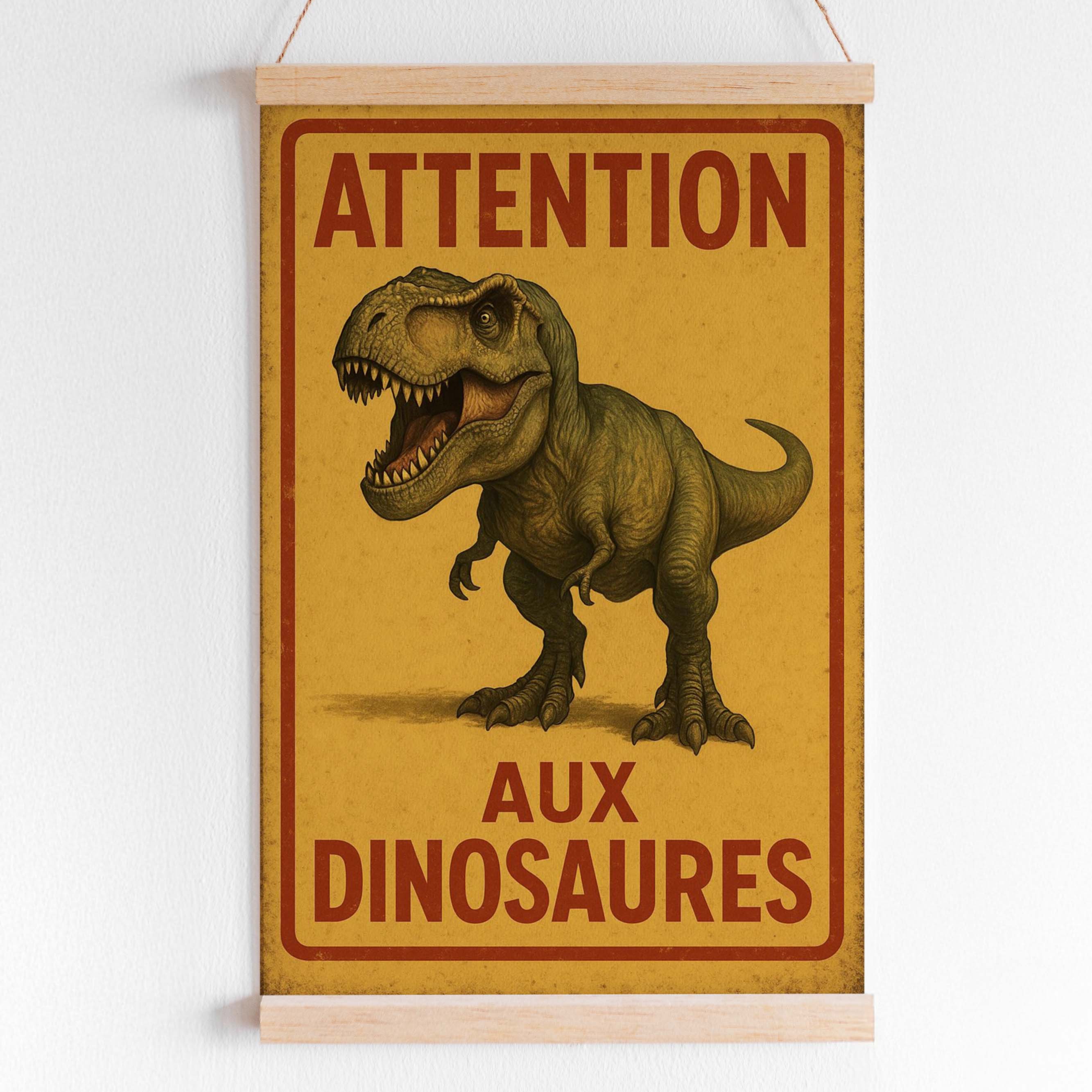 Affiche attention aux dinosaures avec T-Rex, décoration anniversaire enfant thème dinosaures à imprimer.