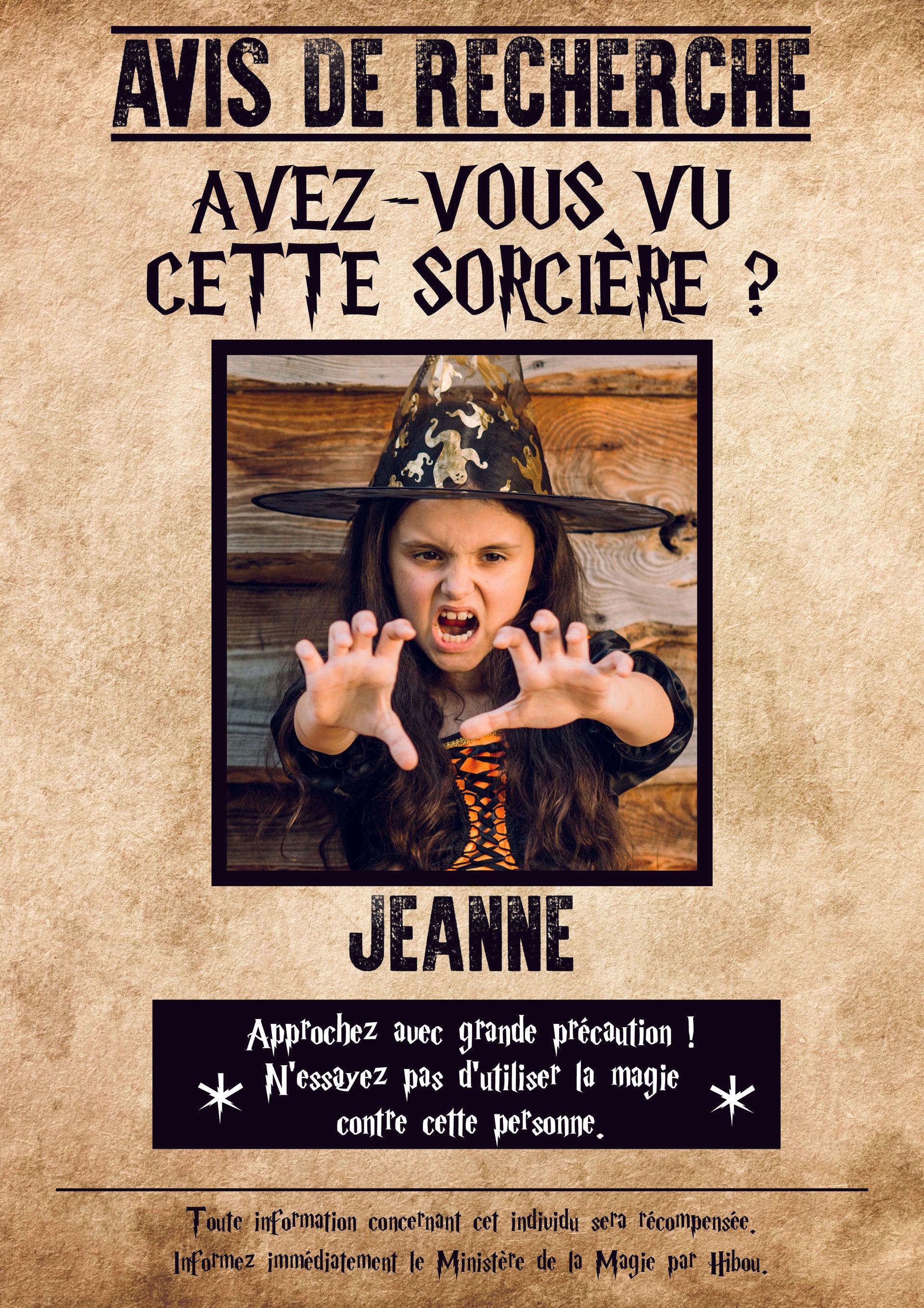 Affiche personnalisée avis de recherche sorcière sorcier numérique à imprimer – décoration anniversaire Harry Potter, thème magie, Halloween, Ministère de la magie, Prisonnier d'Azkaban et monde des sorciers. 