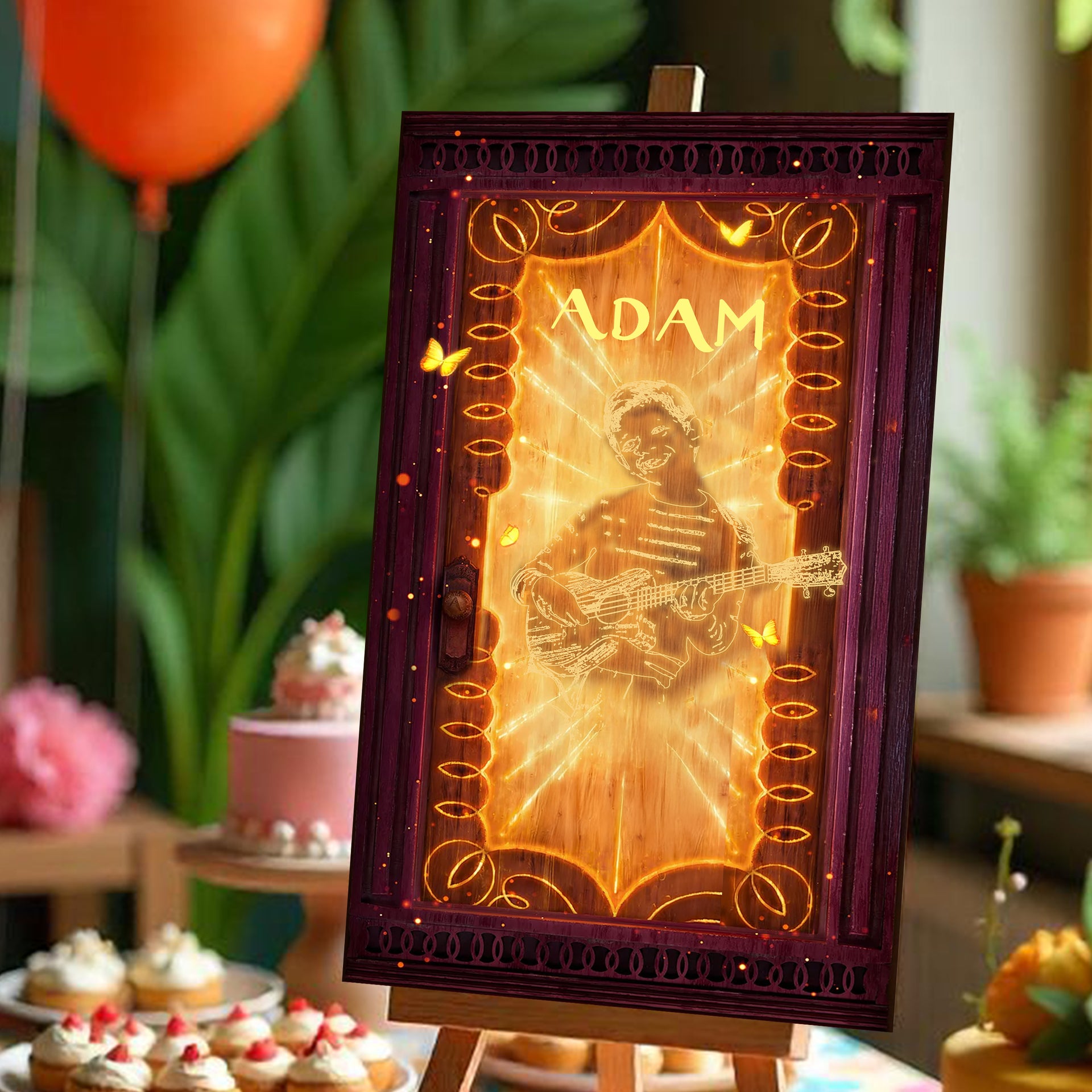 Affiche porte magique personnalisée avec prénom Adam et photo d’enfant dans un style inspiré du film Encanto, décoration d’anniversaire féérique.