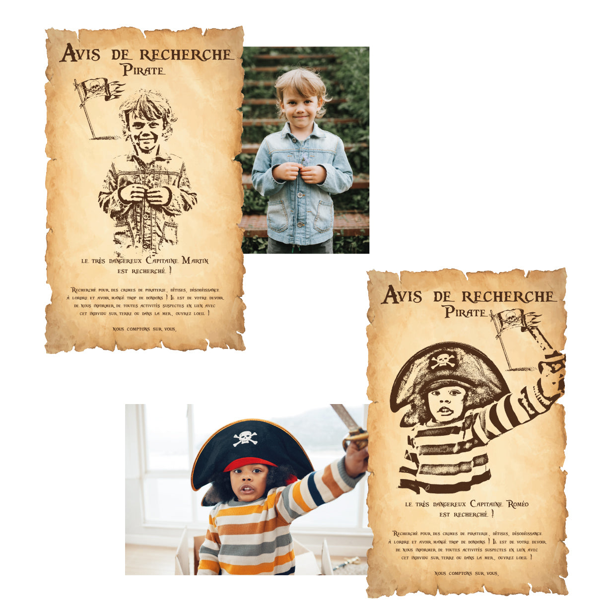Exemples d’affiches pirate personnalisées avec photos d’enfants déguisés, avis de recherche humour, décoration numérique à imprimer pour fête d’enfants thème pirate