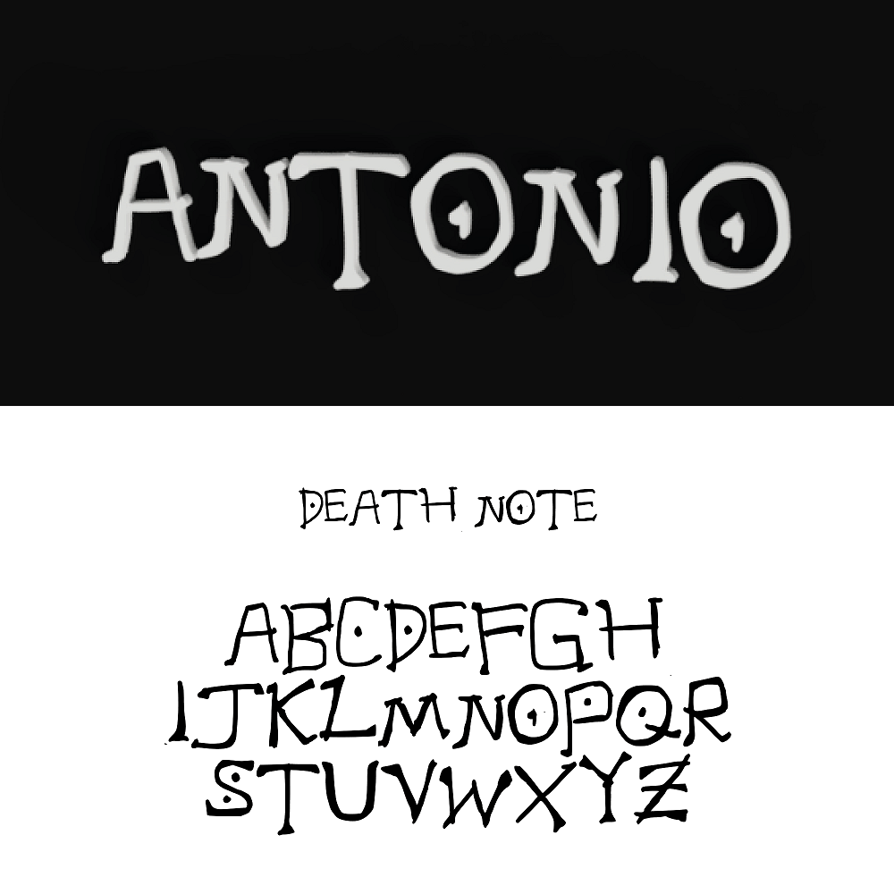 Aperçu de l’alphabet style Death Note avec lettres A à Z en noir, modèle de typographie pour prénom personnalisé en impression 3D PLA.