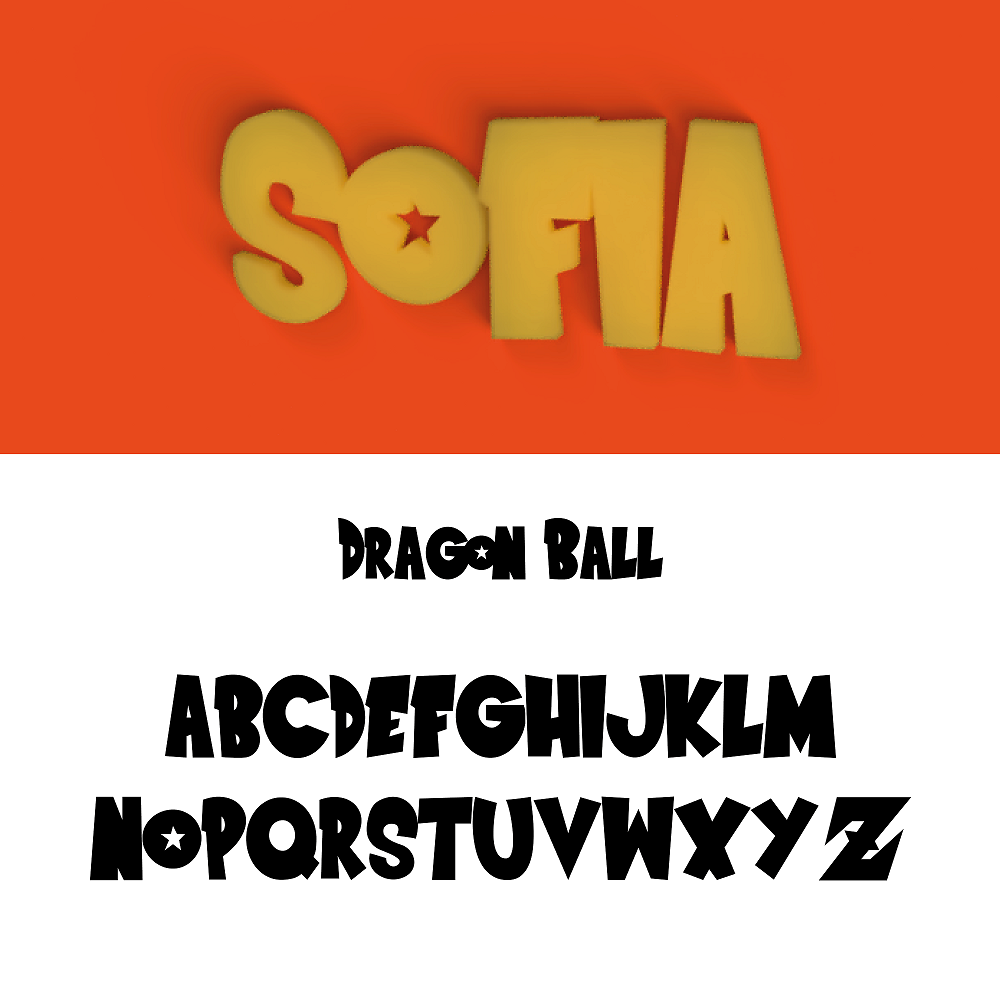 Apercu de lalphabet style Dragon Ball pour creer un prenom mural en impression 3D PLA, avec lettres majuscules et etoile integree dans une lettre.