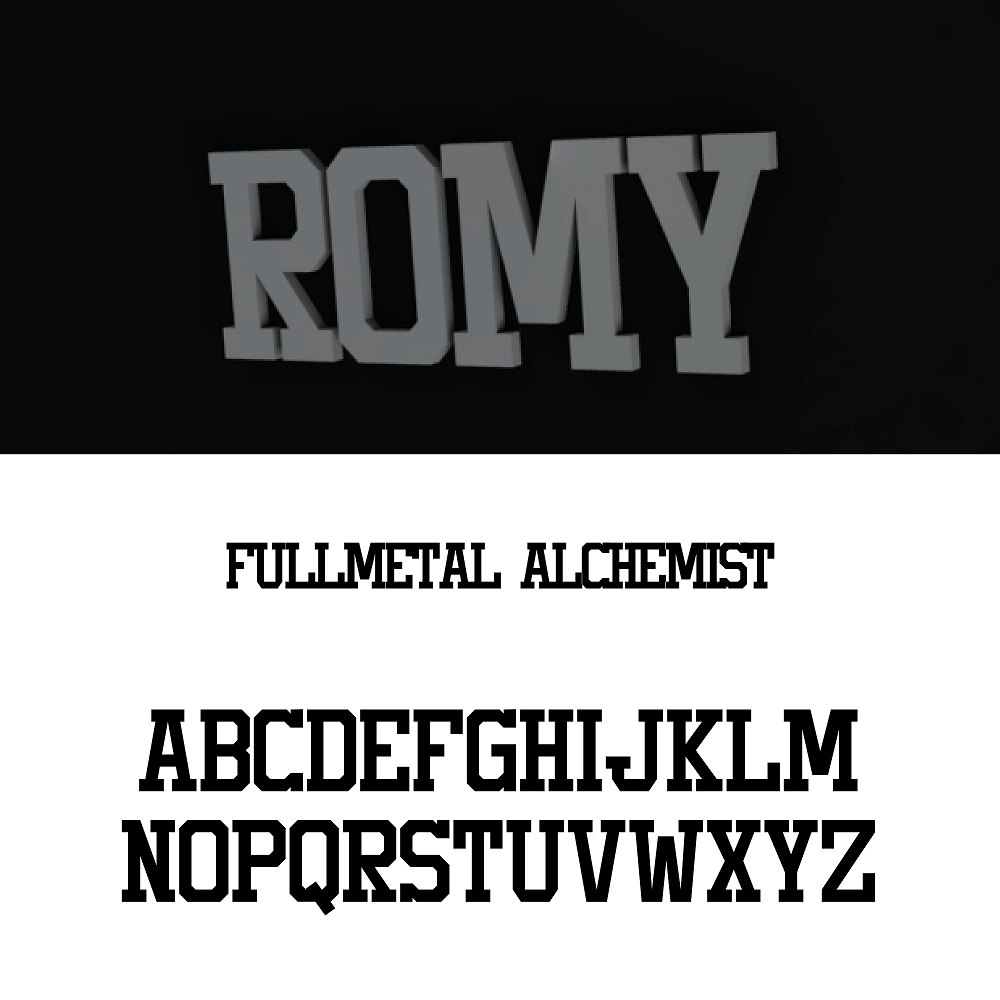 Apercu de l alphabet style Fullmetal Alchemist en lettres capitales, modele pour prenoms muraux en impression 3D PLA, avec exemple Romy en haut et les lettres A a Z en bas.