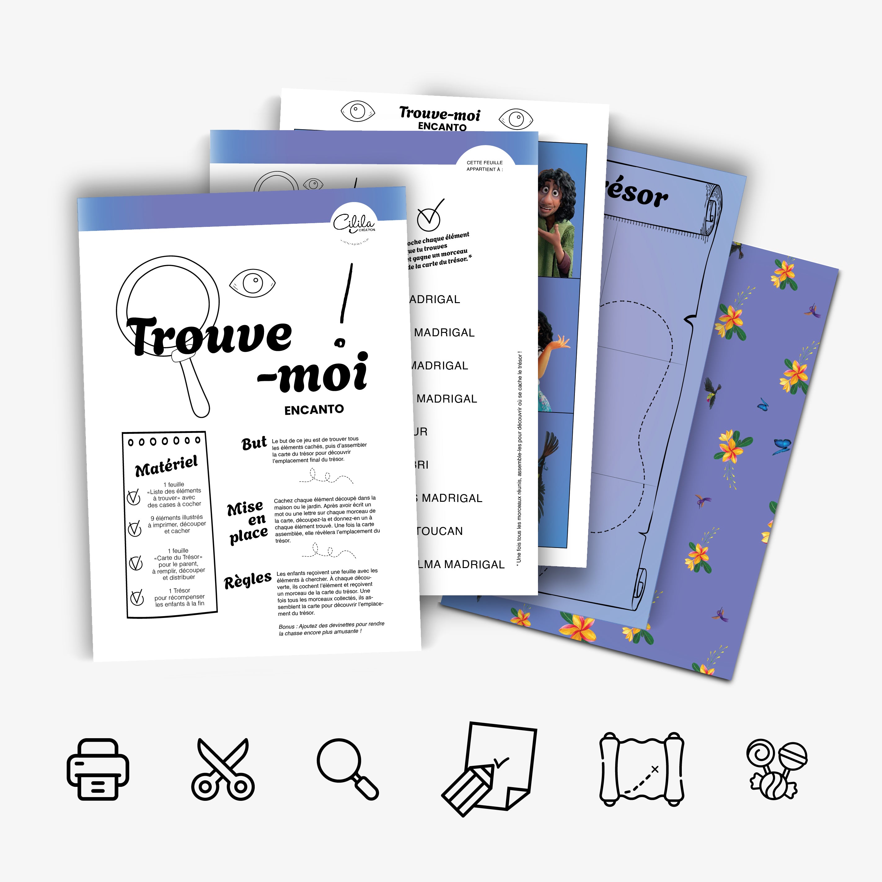 Aperçu du kit à imprimer « Trouve-moi Encanto » : plusieurs fiches de jeu en éventail avec page de couverture, cartes personnages et carte au trésor violette fleurie, posé sur fond clair, avec en bas des icônes illustrant impression, découpe, recherche et bonbons pour un anniversaire sur le thème d’Encanto.