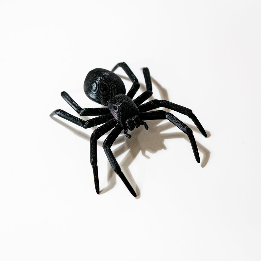 Grande araignée noire imprimée en 3D (PLA), après chauffage léger pour courber les pattes, effet 3D réaliste avec ombre portée, sur fond blanc — idéale pour décoration Harry Potter, Halloween ou chasse au trésor.