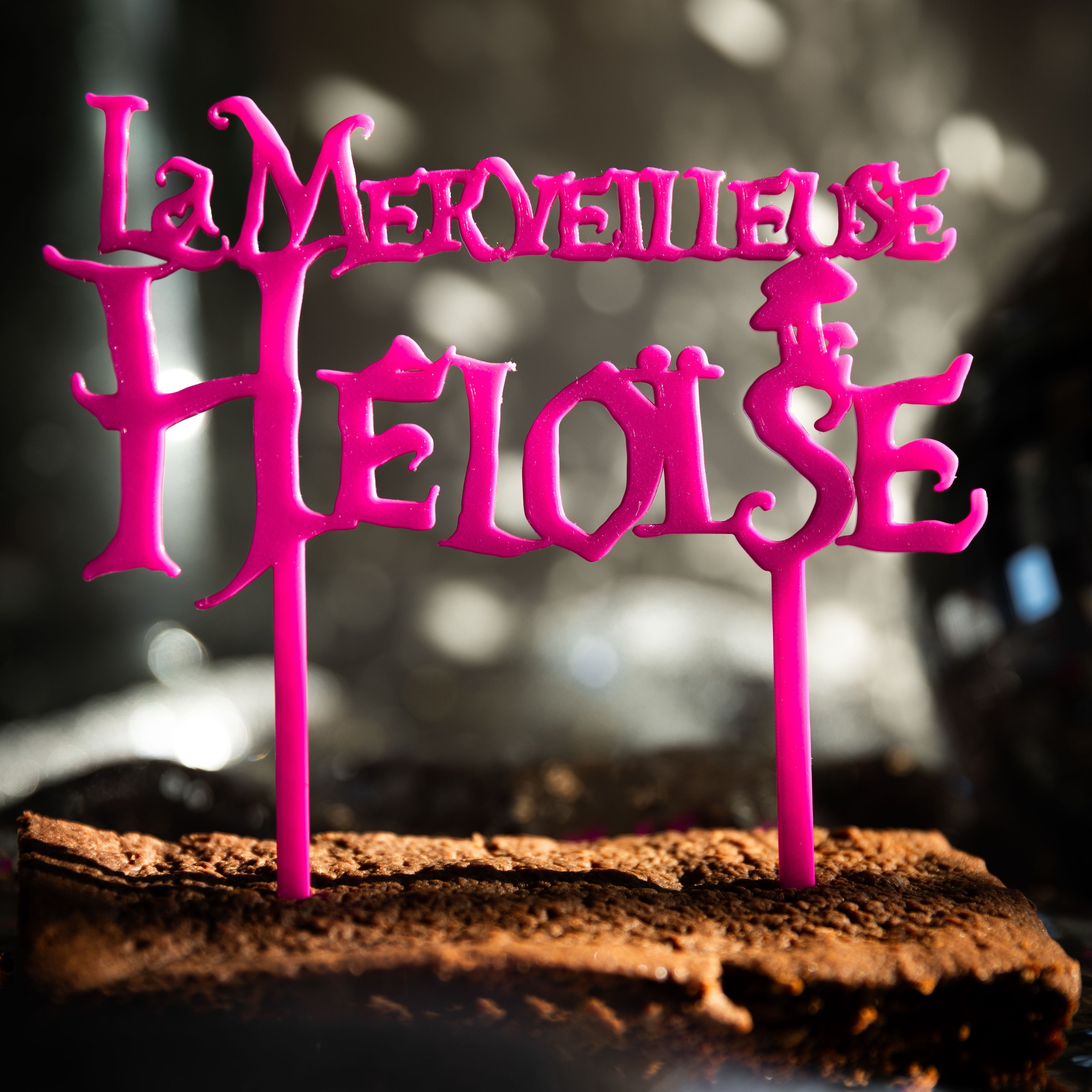 Cake-topper rose branché“La Merveilleuse Héloïse” inspiré d’Alice au Pays des Merveilles, planté sur un gâteau au chocolat.