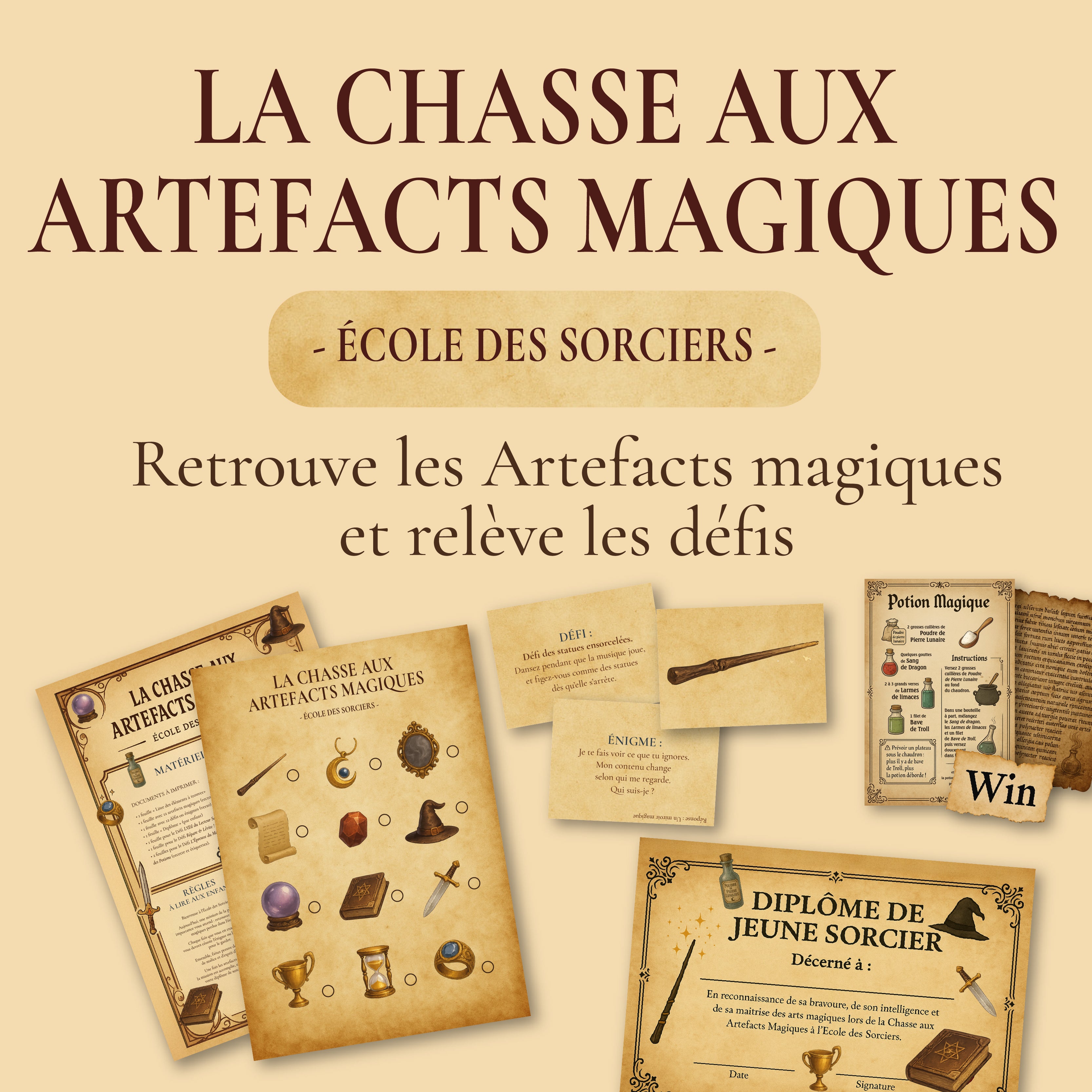 Visuel de présentation du jeu Chasse aux artefacts magiques sur le thème de l’école des sorciers. L’image montre des cartes de défis, une liste d’artefacts magiques à retrouver, une potion magique, un diplôme de jeune sorcier et un parchemin ancien. Activité ludique et immersive idéale pour anniversaire enfant ou fête sur le thème Harry Potter.