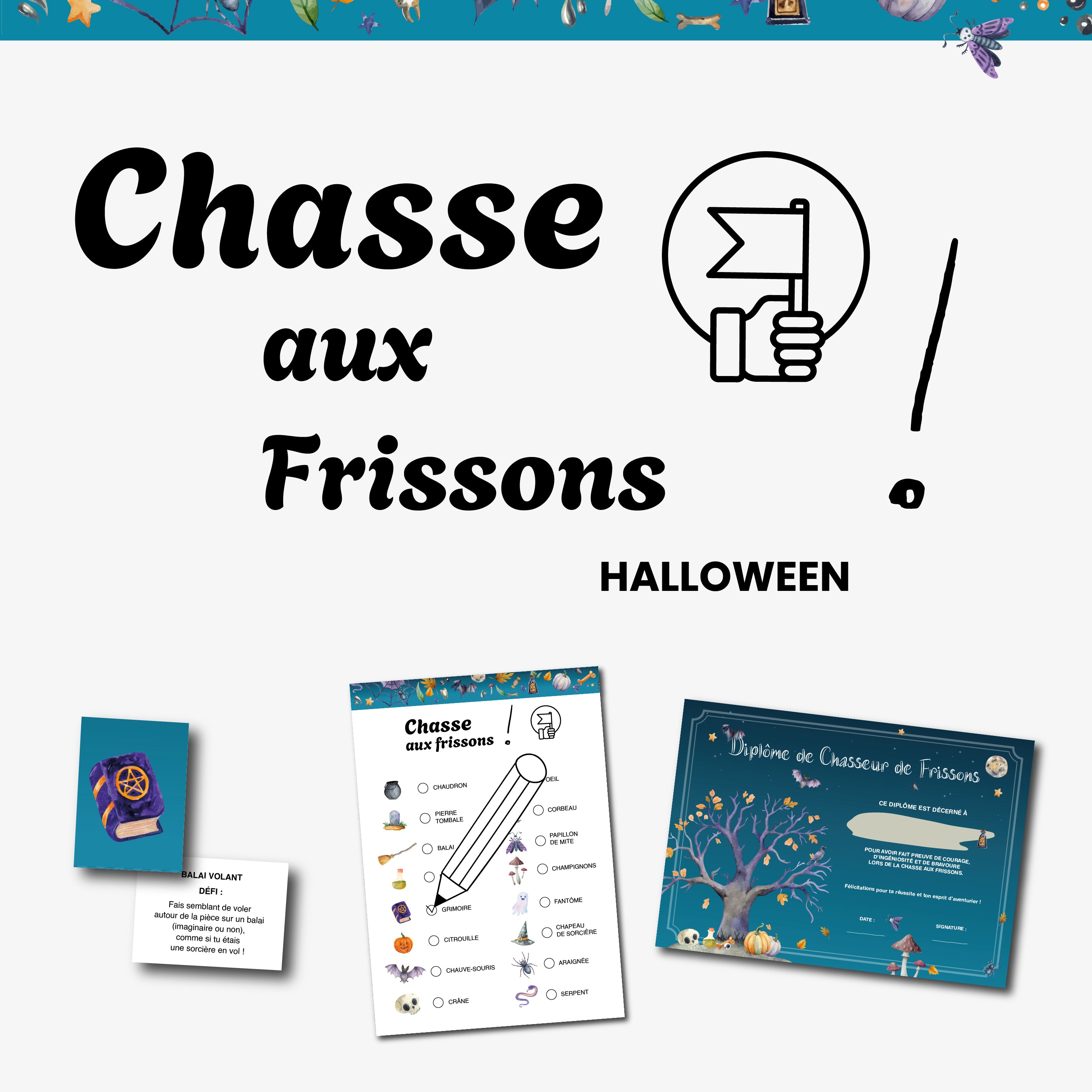 Kit de chasse aux frissons à imprimer pour Halloween. Jeu pour enfants comprenant une fiche d’objets à retrouver (citrouille, chapeau de sorcière, balai, araignée, etc.), carte de défis et diplôme de chasseur de frissons. Idéal pour animer une fête ou une soirée d’Halloween.