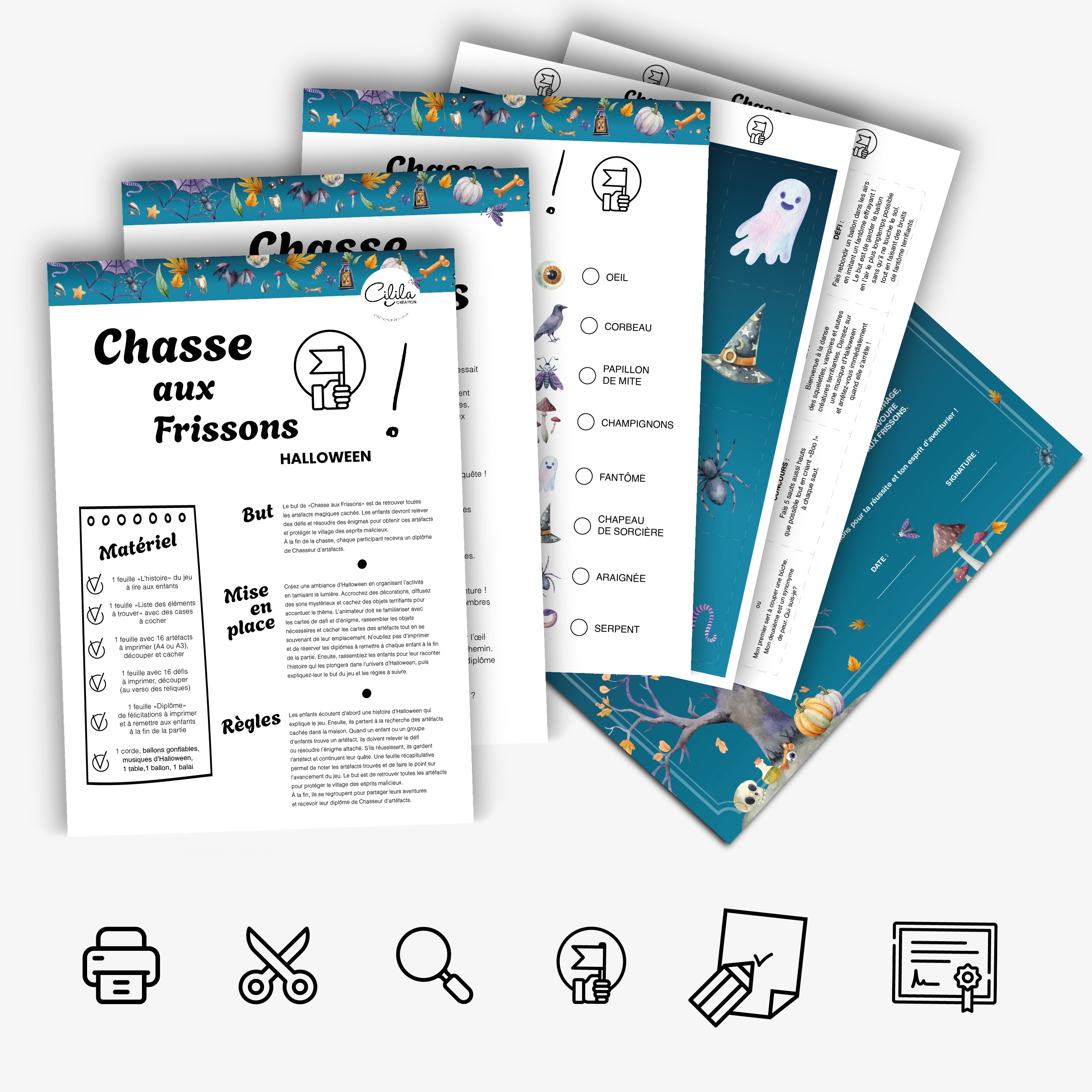 Fichier PDF de chasse aux frissons spécial Halloween à imprimer. Activité ludique pour enfants comprenant fiche d’objets d’Halloween à retrouver (fantôme, chapeau de sorcière, araignée, œil, etc.), défis à découper et diplôme de chasseur. Parfait pour une animation d’Halloween à la maison, à l’école ou en centre de loisirs.
