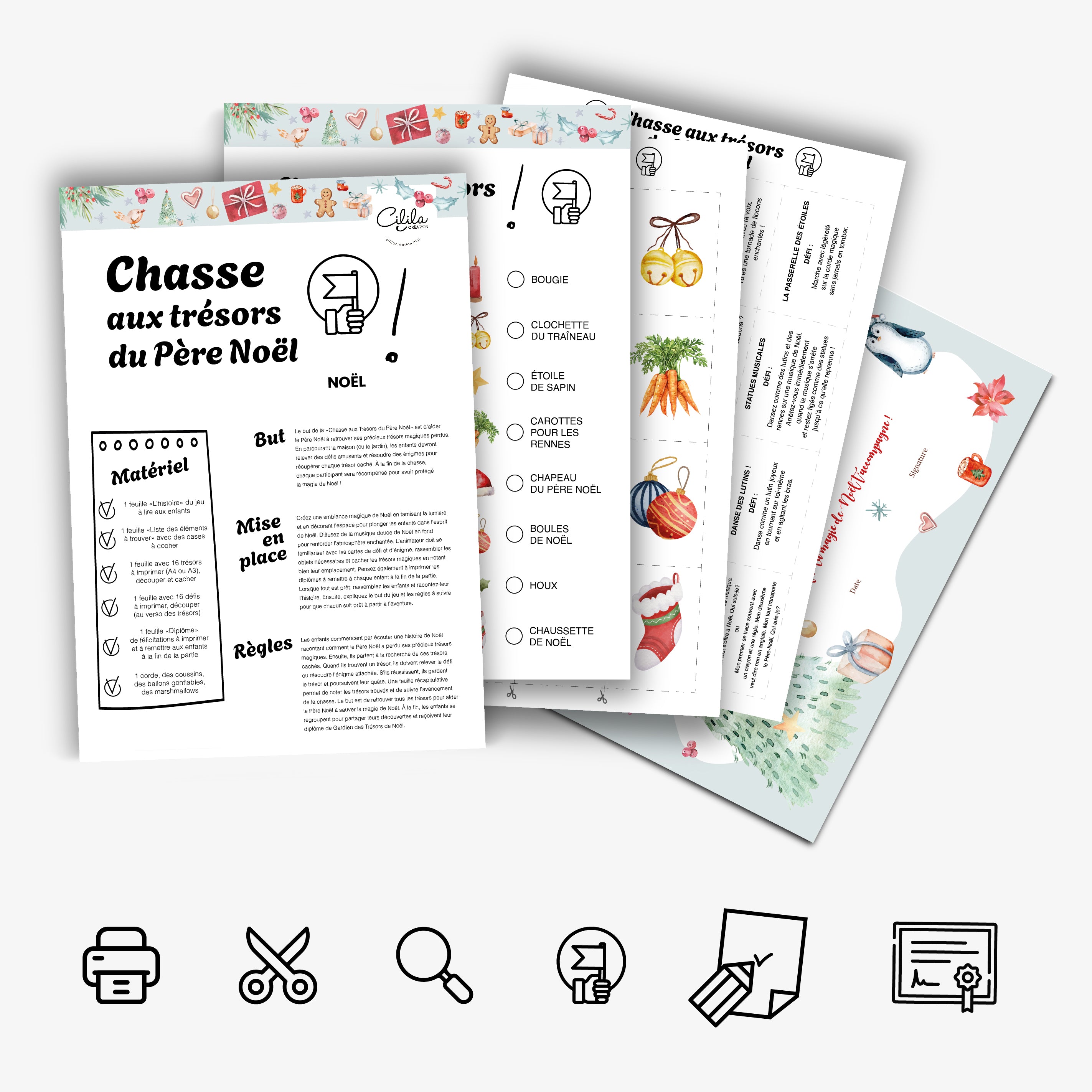 Aperçu du kit de chasse aux trésors de Noël à imprimer. Activité ludique pour enfants avec objets illustrés à retrouver (clochette, bonnet du Père Noël, boules, carottes, chaussette...), fiches de jeu et certificat de Noël. Idéal pour animer un goûter ou une fête pendant les vacances.