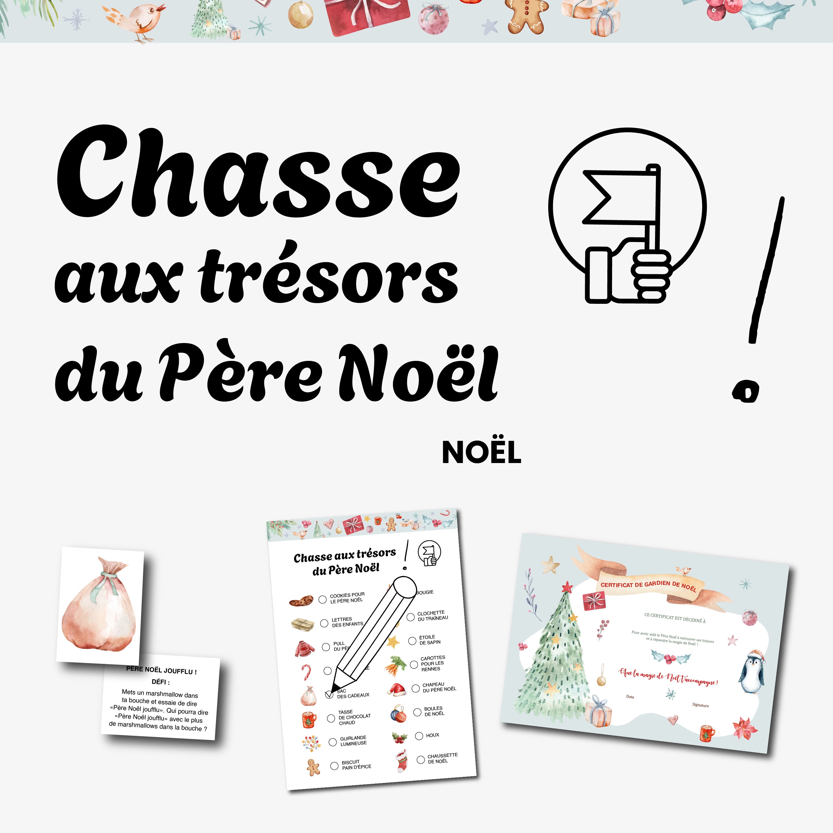 Kit imprimable de chasse aux trésors de Noël pour enfants. Jeu festif avec liste d’objets à retrouver, indices illustrés et diplôme de lutin du Père Noël. Parfait pour animer un après-midi en famille, un calendrier de l’Avent ou une fête de Noël à la maison ou à l’école.