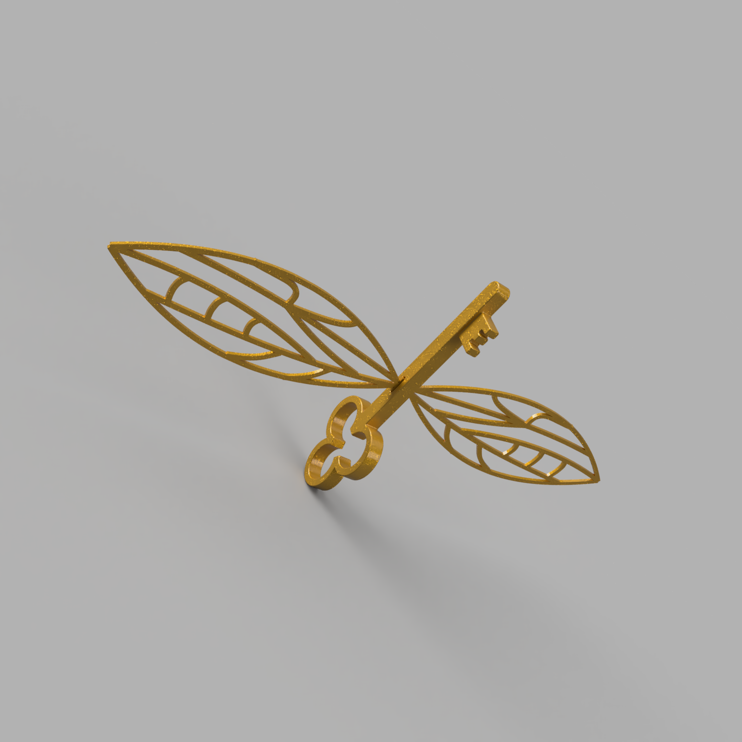 Visuel 3D d’une clé volante ailée couleur or : une clé stylisée avec deux ailes ajourées, présentée en perspective sur fond gris — décoration à suspendre inspirée de l’univers Harry Potter.