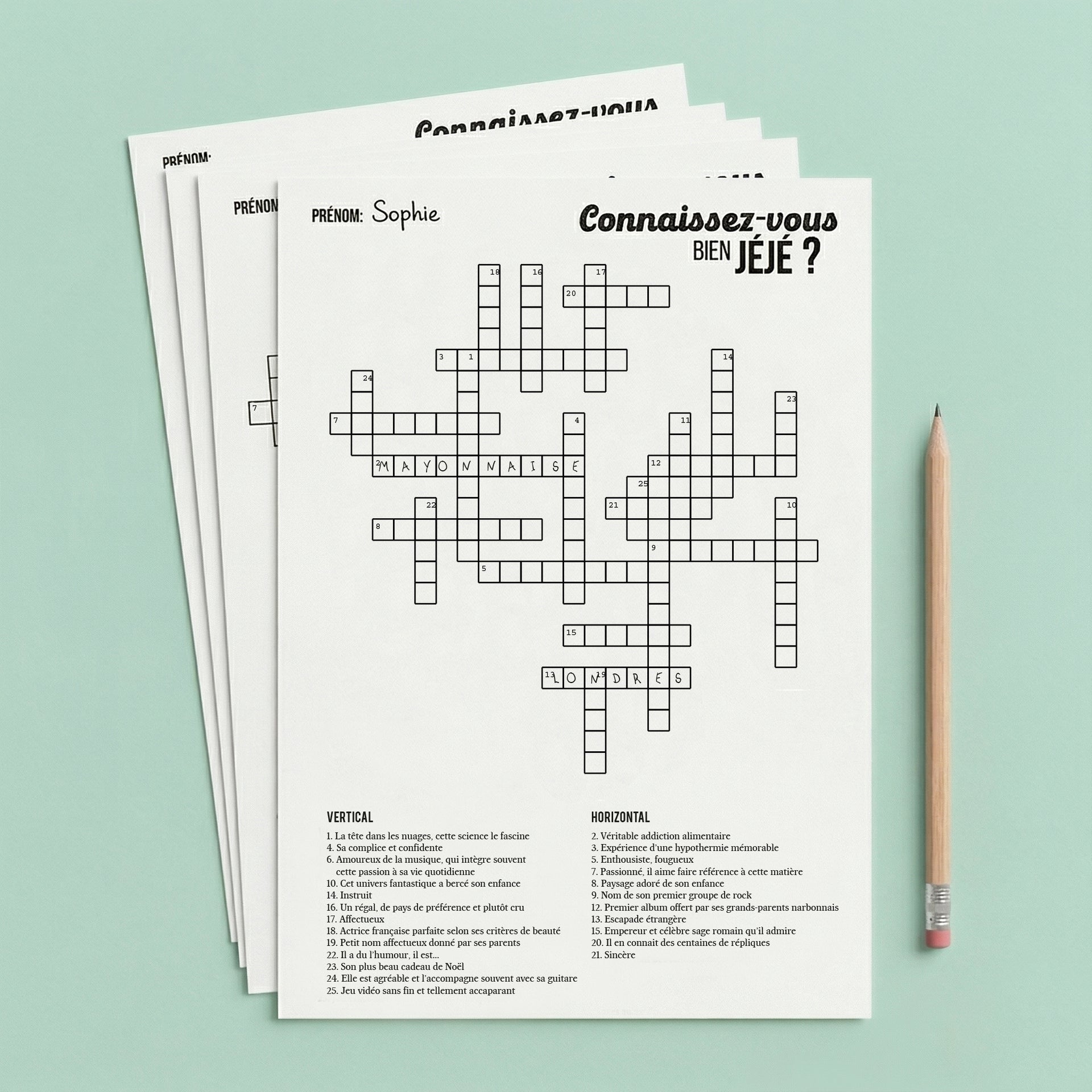 Jeu de mots croisés personnalisé Connaissez-vous bien Jéjé pour animation de table anniversaire et mariage.