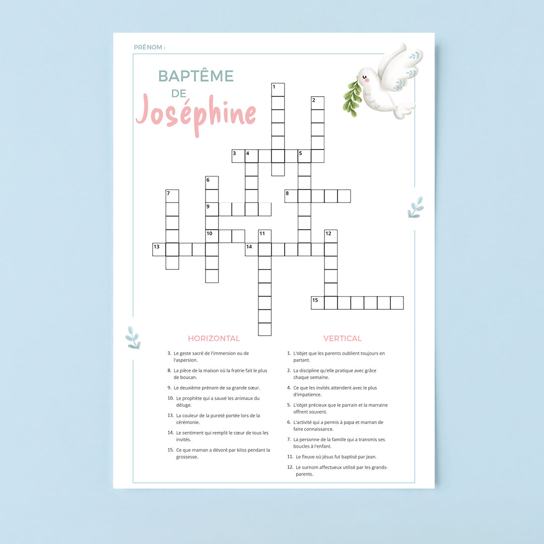 Fiche de mots croisés pour le baptême de Joséphine, avec illustration de colombe en aquarelle sur fond bleu clair.