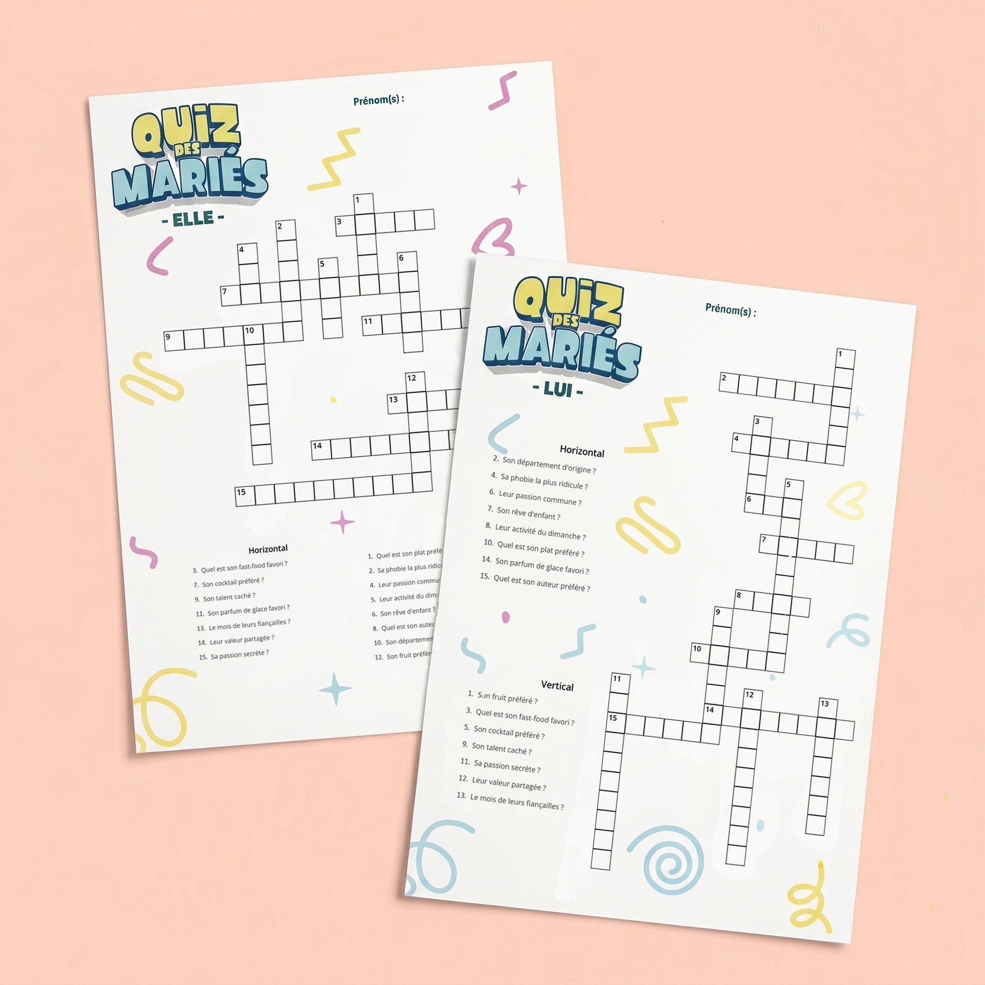Deux fiches de jeu de mariage Quiz des Mariés version Lui et Elle avec grilles de mots croisés personnalisées.