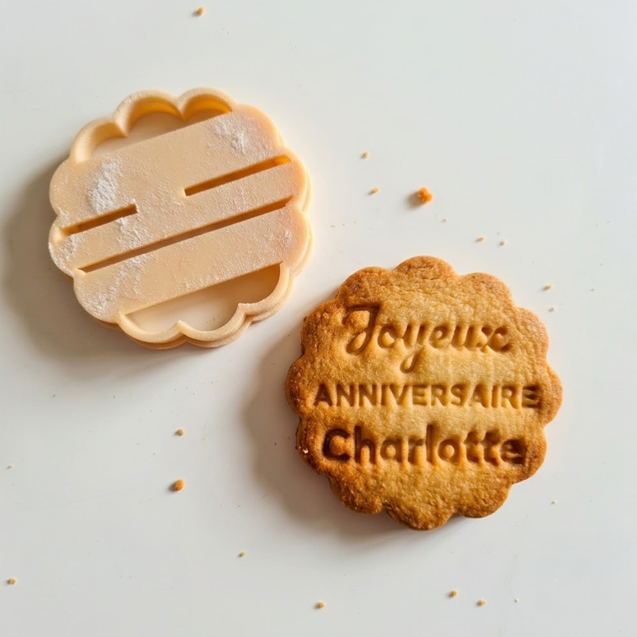 Biscuit d'anniversaire personnalisé "Joyeux ANNIVERSAIRE Charlotte", sablé cuit et doré, à côté de son emporte-pièce beige correspondant.