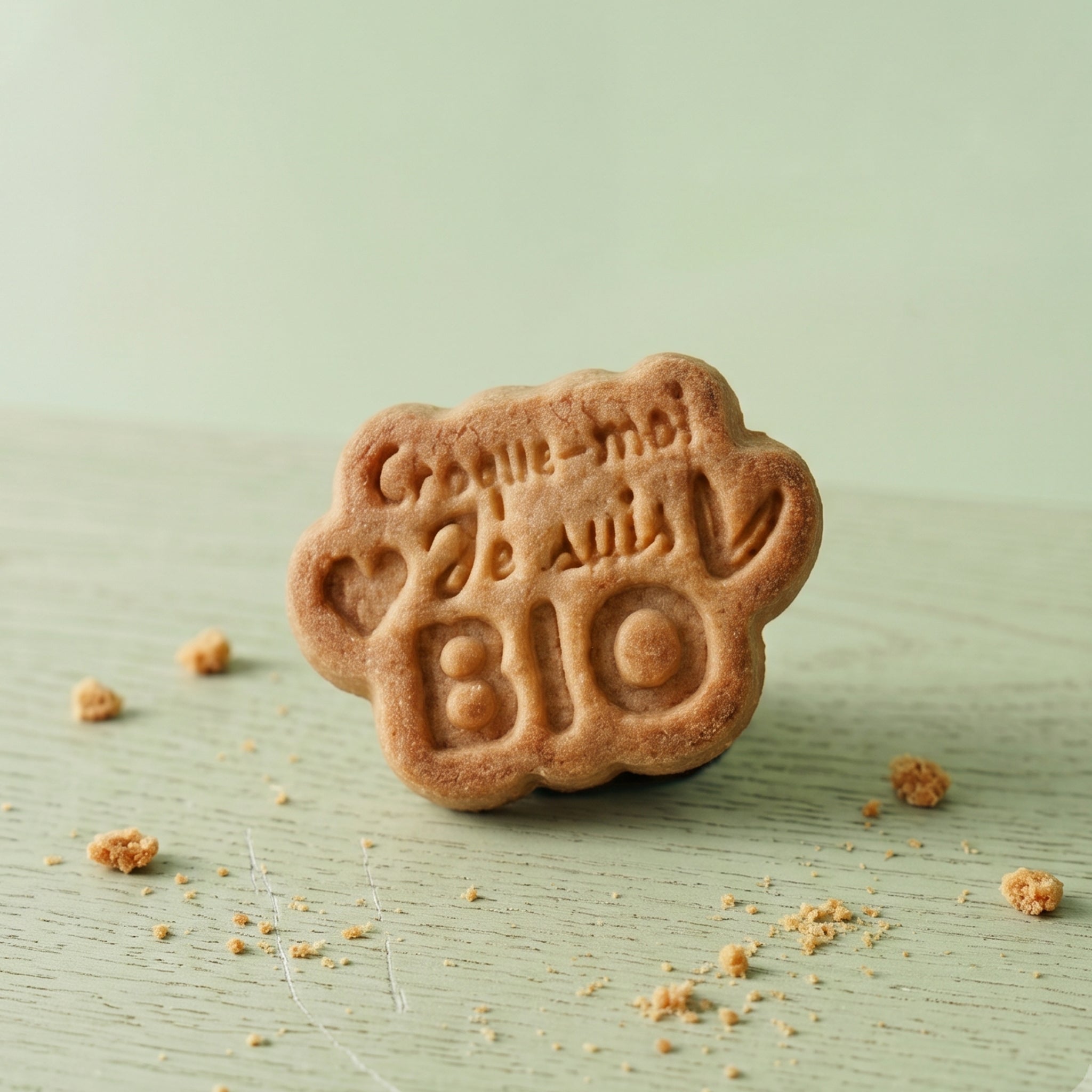 Gros plan d'un biscuit sablé cuit et fini de couleur brun doré, avec une impression nette et profonde du texte 'Croque-moi je suis BIO' et des motifs de cœur et de plante stylisés. Le biscuit de forme irrégulière est posé debout sur une surface en bois peinte en vert sauge texturé, entouré de minuscules miettes.