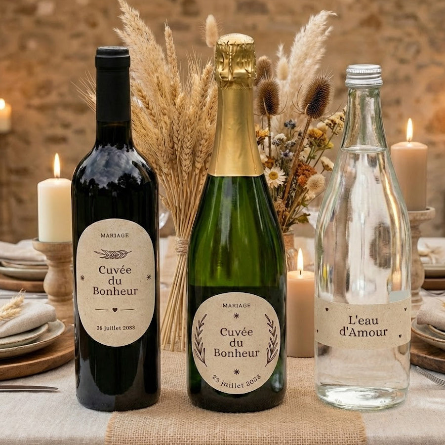 Etiquettes de bouteilles personnalisées mariage thème rustique avec texte marron, fond kraft blanc et graphismes minimalistes sur bouteilles de vin, champagne et eau – ambiance champêtre et chaleureuse avec épis de blé et fleurs séchées.